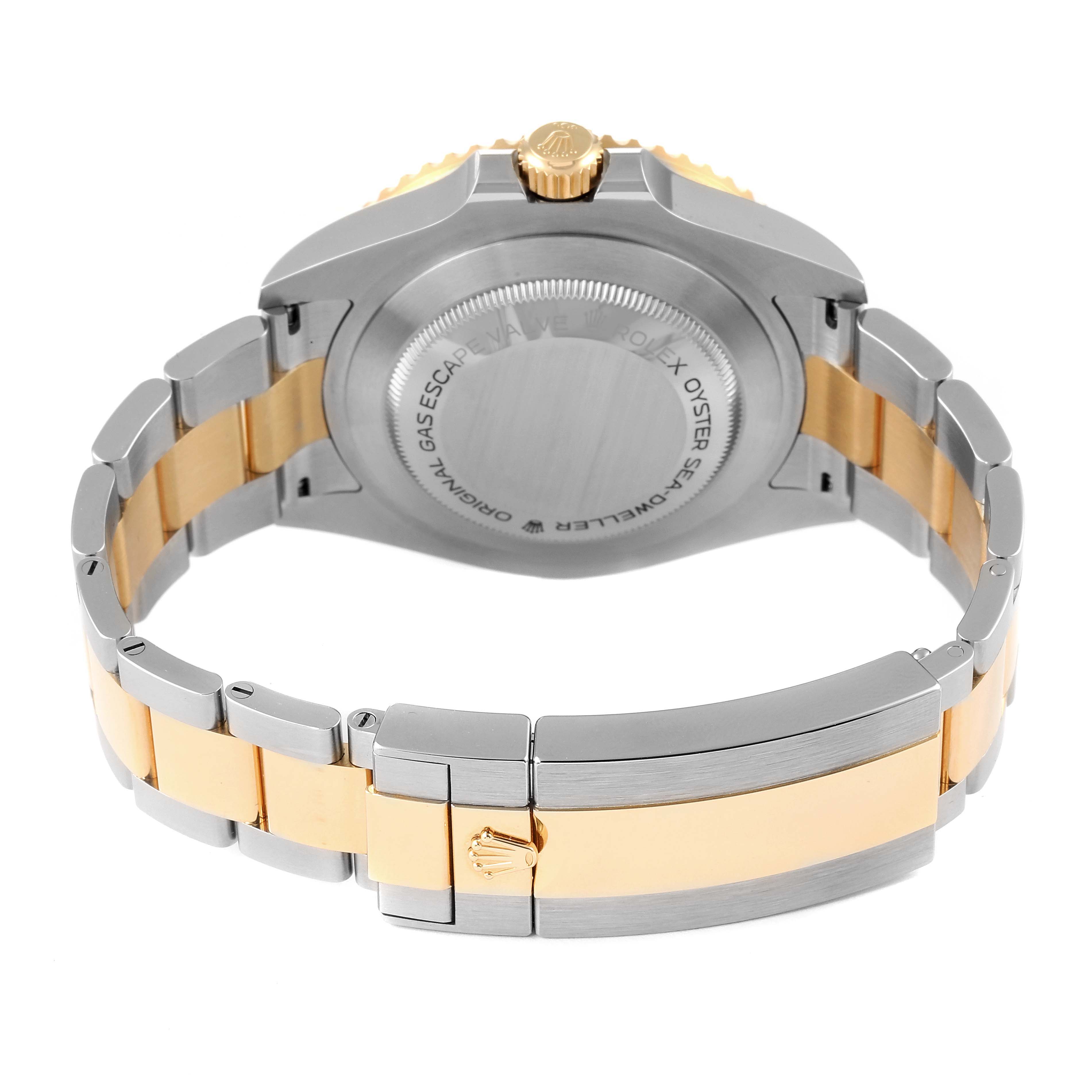 The image shows the back view of a Rolex Sea-Dweller 126603 Men's Steel and Gold (two tone) Black Dial 126603 Men's Steel and Gold (two tone) Black Dial, highlighting the case back and two-tone bracelet.