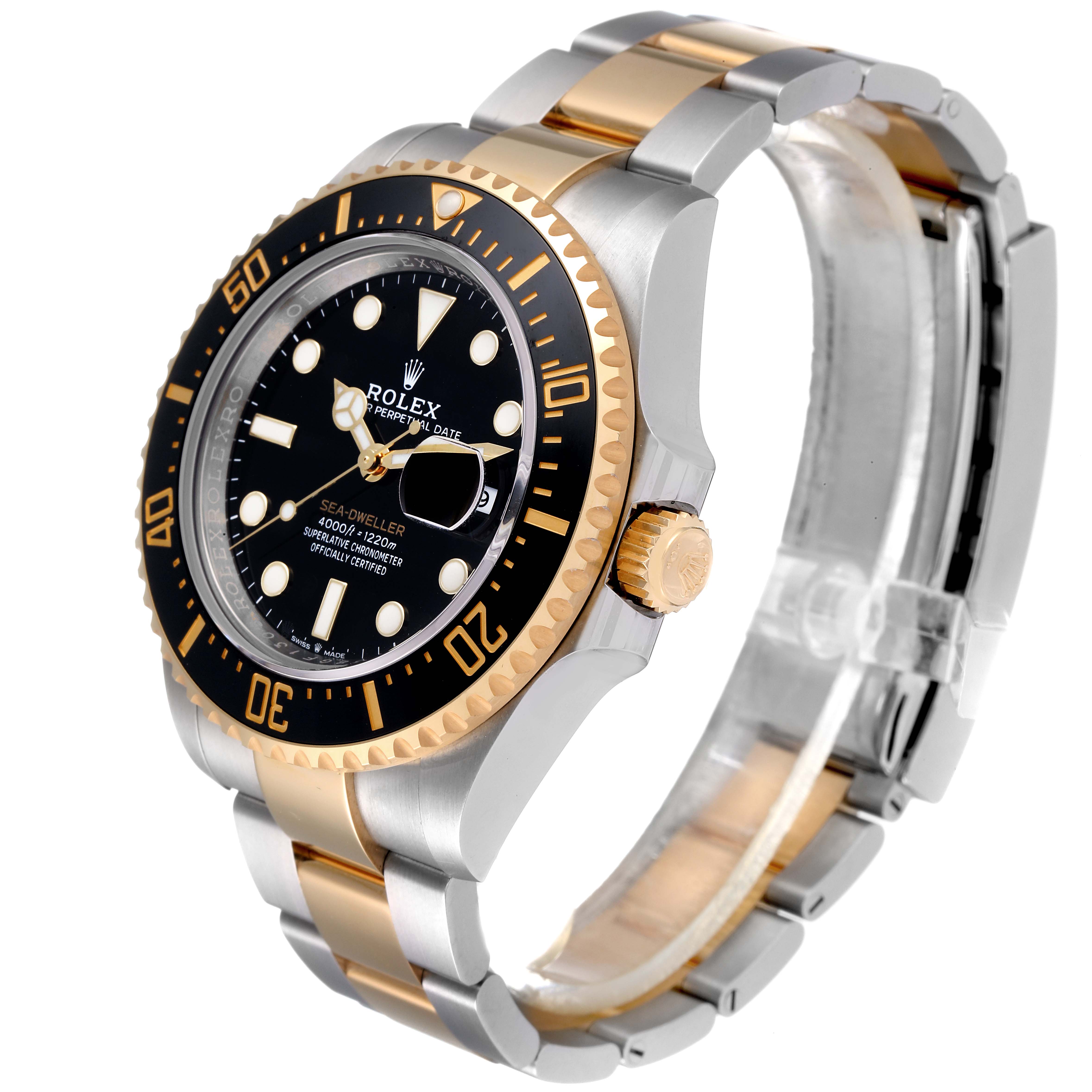 This image shows a side angle of a Rolex Sea-Dweller 126603 Men's Steel and Gold (two tone) Black Dial 126603 Men's Steel and Gold (two tone) Black Dial watch, highlighting its dial, bezel, crown, and two-tone bracelet.