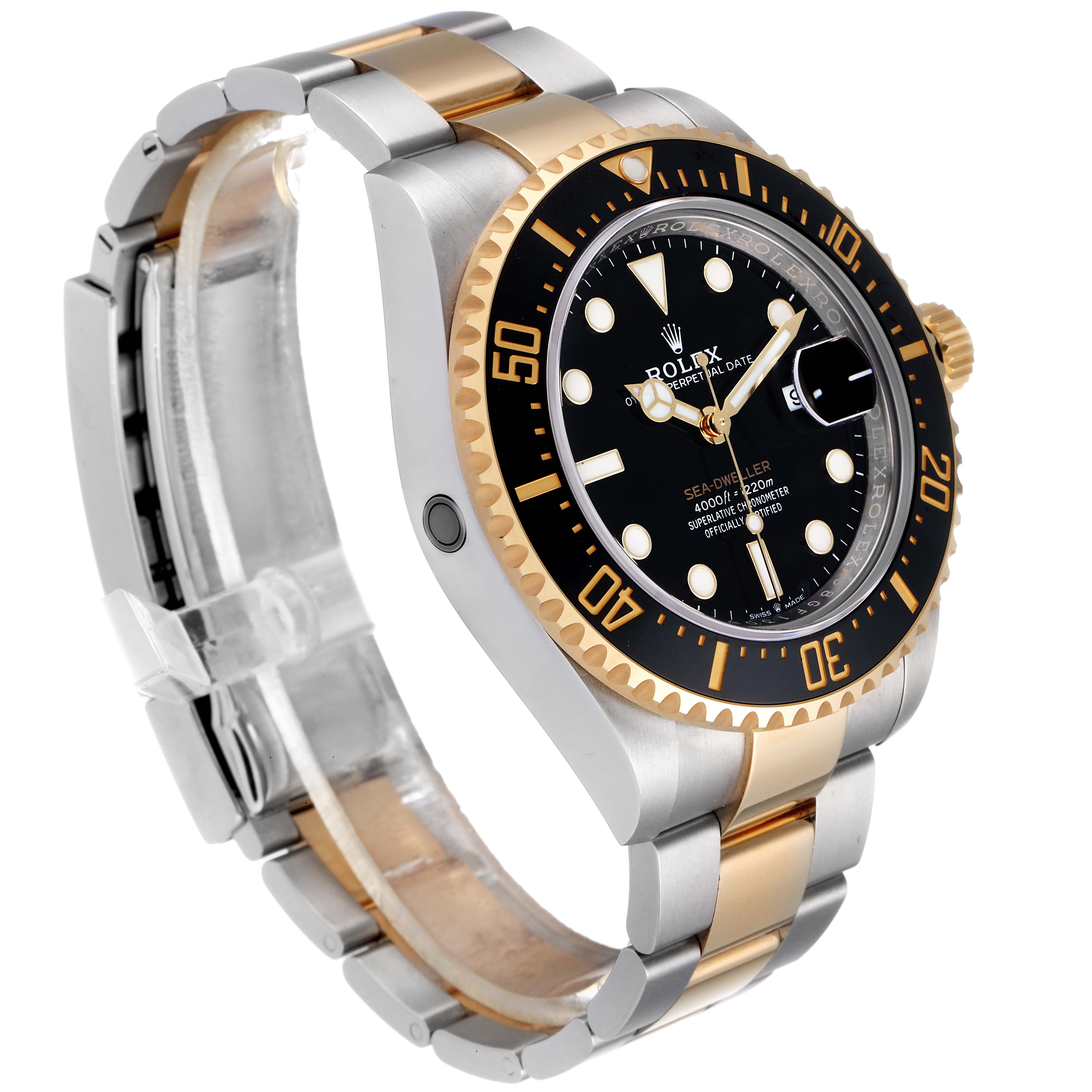 The Rolex Sea-Dweller 126603 Men's Steel and Gold (two tone) Black Dial 126603 Men's Steel and Gold (two tone) Black Dial watch is shown at an angle highlighting its black dial, gold bezel, and two-tone metal bracelet.