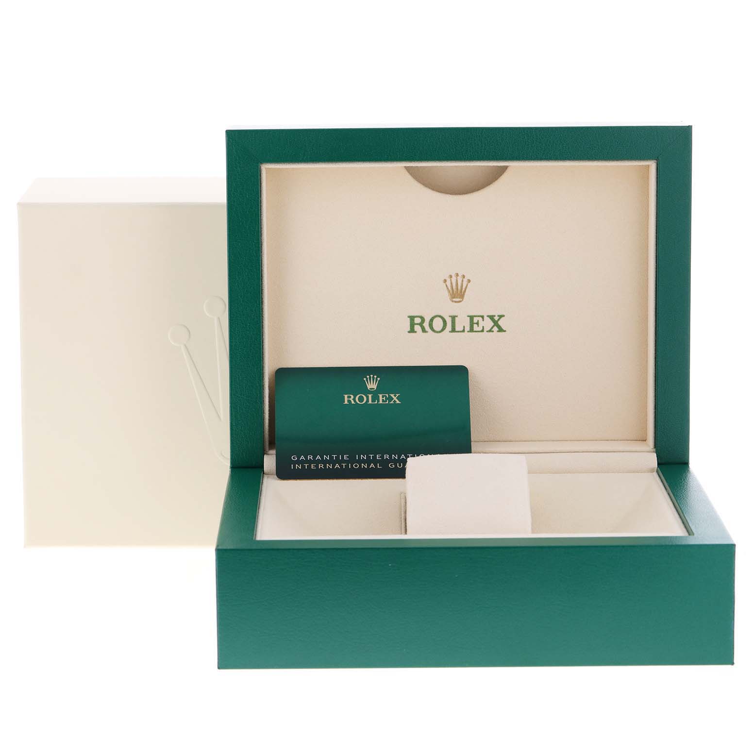 The image shows the open box and guarantee card for a Rolex Sea-Dweller 126603 Men's Steel and Gold (two tone) Black Dial 126603 Men's Steel and Gold (two tone) Black Dial watch from a front angle.