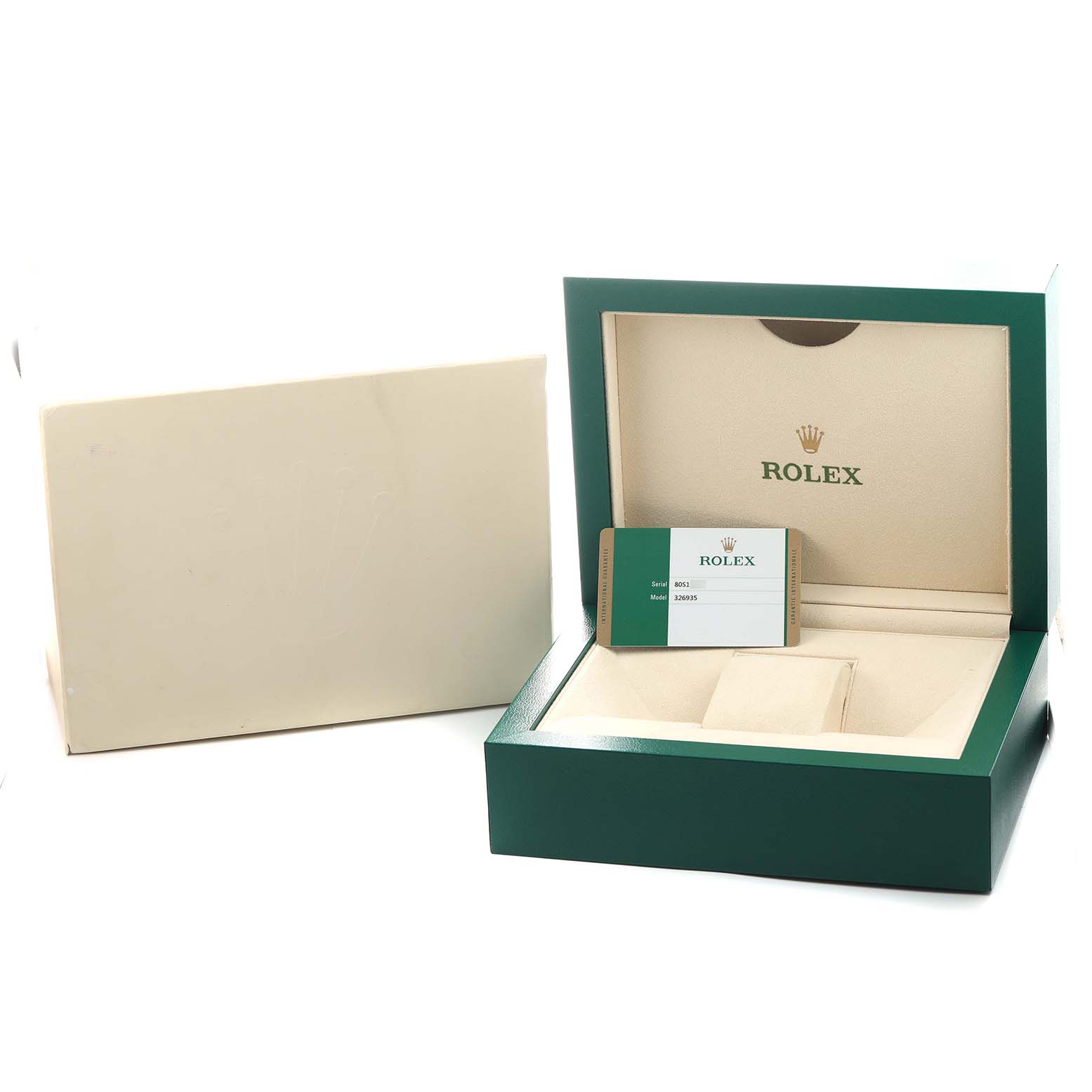 The image shows the open box and warranty card for a Rolex Sky-Dweller 326935 Men's Rose Gold Grey Dial watch, with the brand logo inside the box.