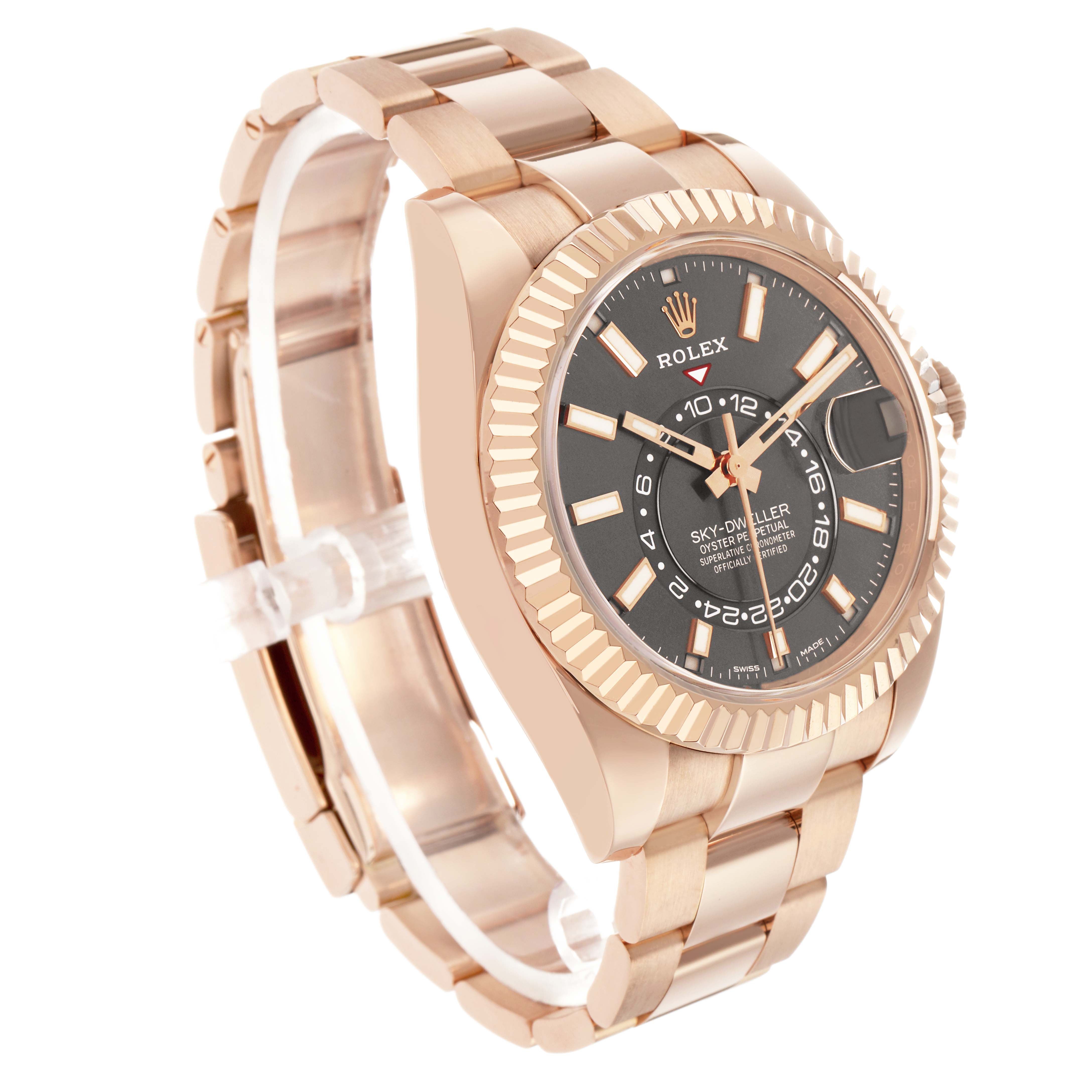 The Rolex Sky-Dweller 326935 Men's Rose Gold Grey Dial is shown at a three-quarter angle, highlighting the dial, bezel, and bracelet in rose gold.