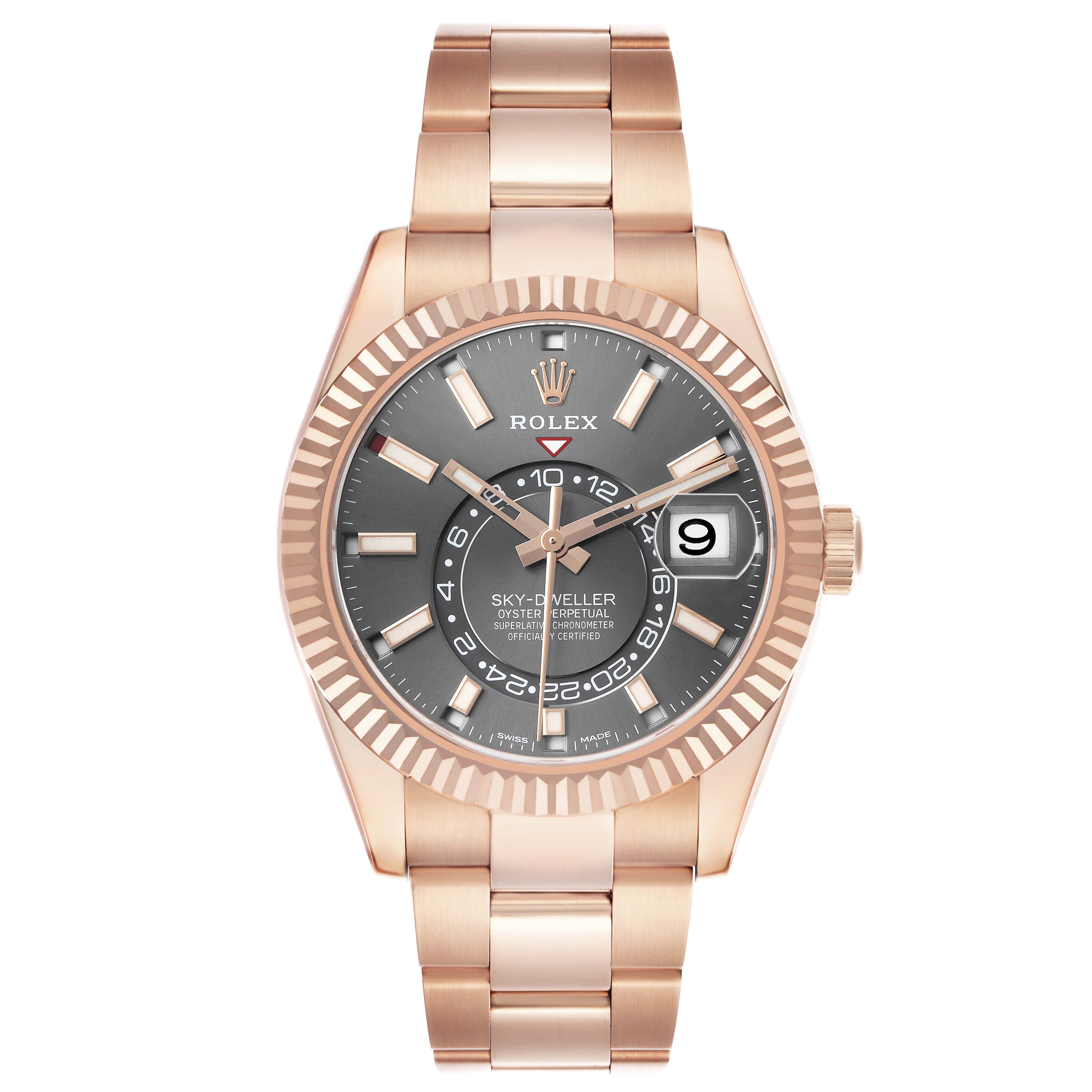 The Rolex Sky-Dweller 326935 Men's Rose Gold Grey Dial watch is shown from the front, displaying the dial, hands, bezel, bracelet, and date window.