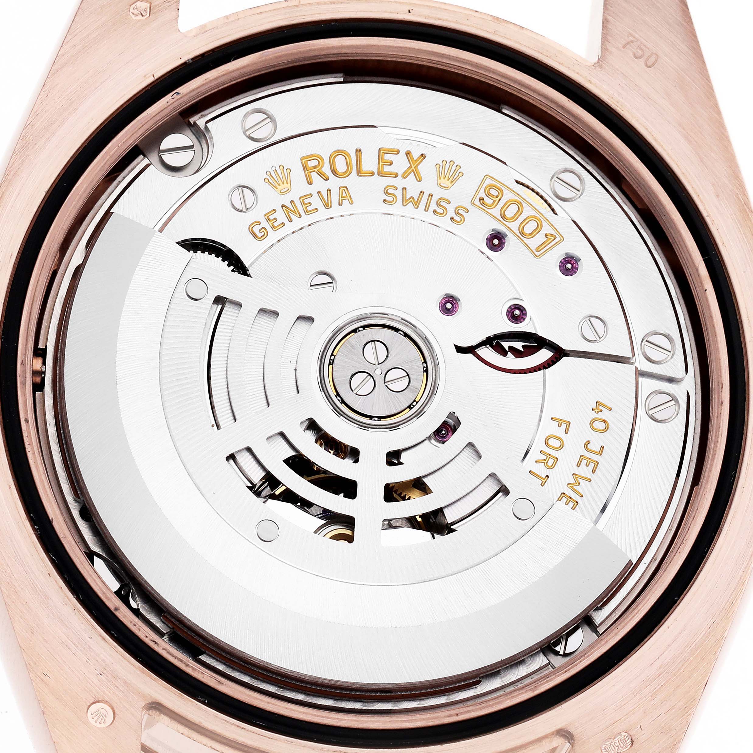 The image shows the back view of a Rolex Sky-Dweller 326935 Men's Rose Gold Grey Dial, highlighting its intricate movement and rotor.