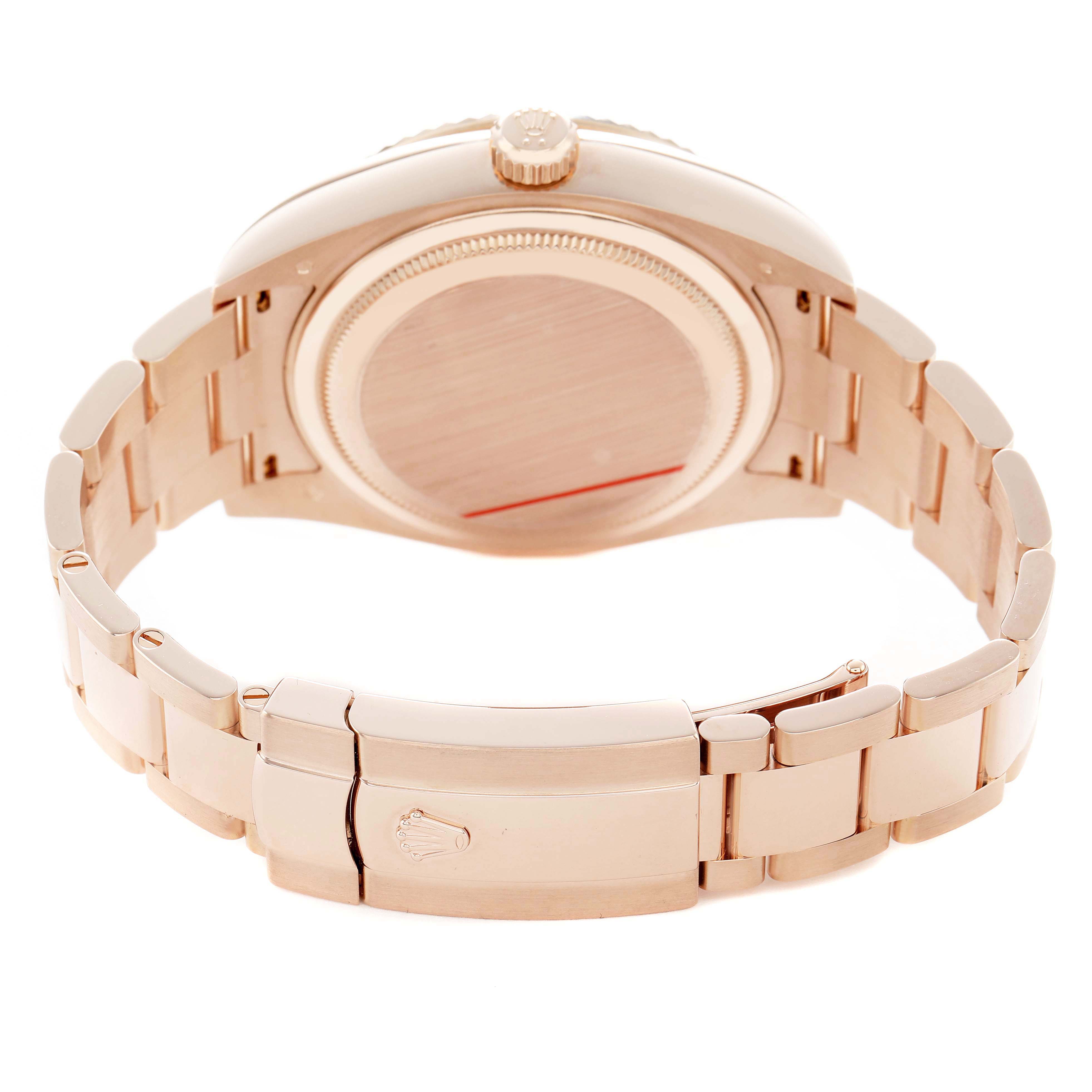 The image shows the back of a Rolex Sky-Dweller 326935 Men's Rose Gold Grey Dial, displaying the case back and bracelet, with the clasp partially open.