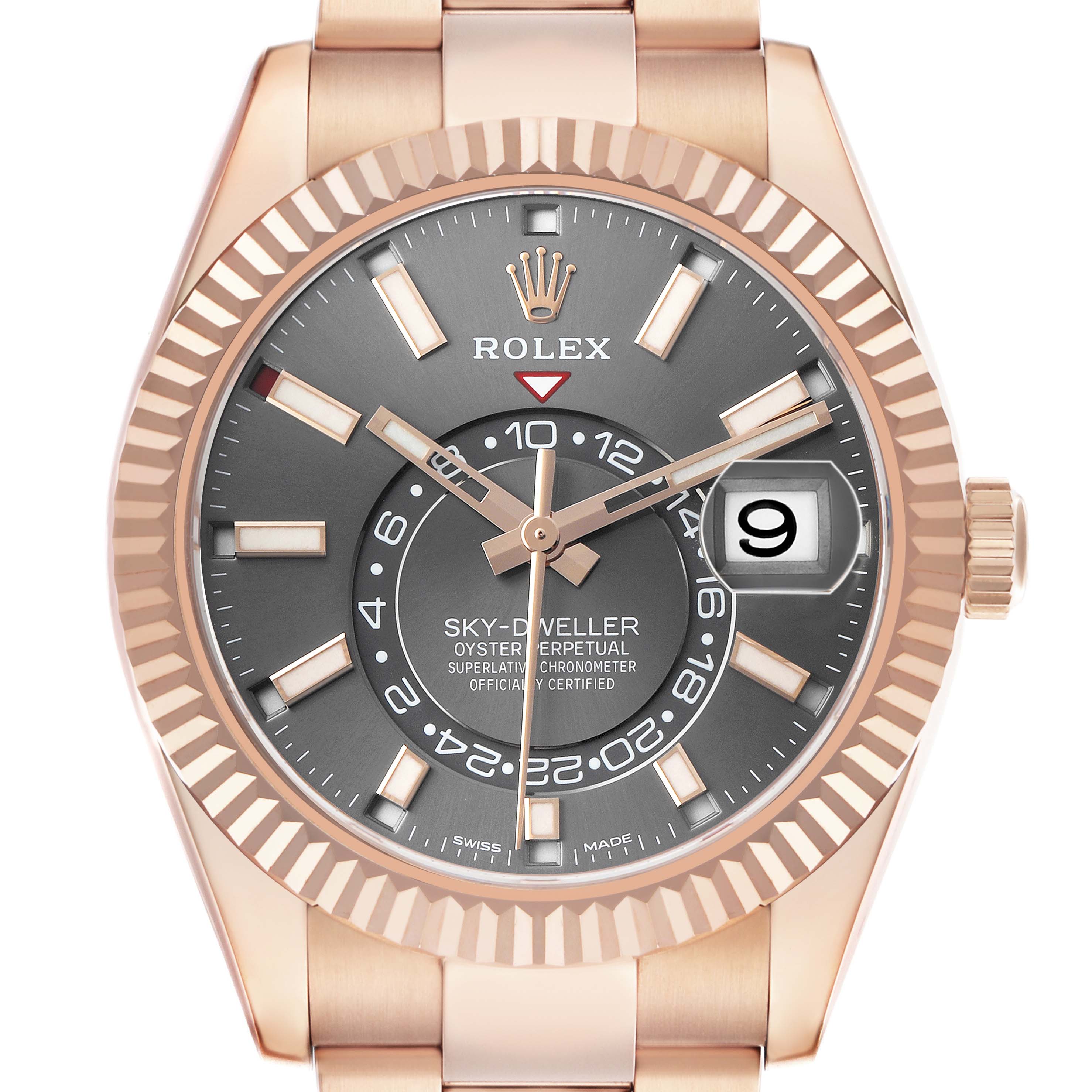 The Rolex Sky-Dweller 326935 Men's Rose Gold Grey Dial watch is shown from a front angle, highlighting the dial, bezel, and crown.