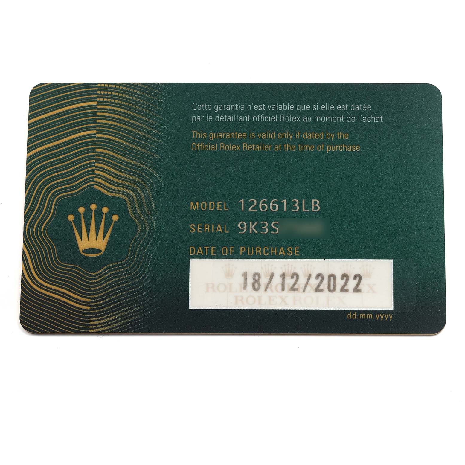 The image shows a warranty card for a Rolex Submariner 126613LB Men's Steel and Gold (two tone) Blue Dial 126613LB Men's Steel and Gold (two tone) Blue Dial model 126613LB.