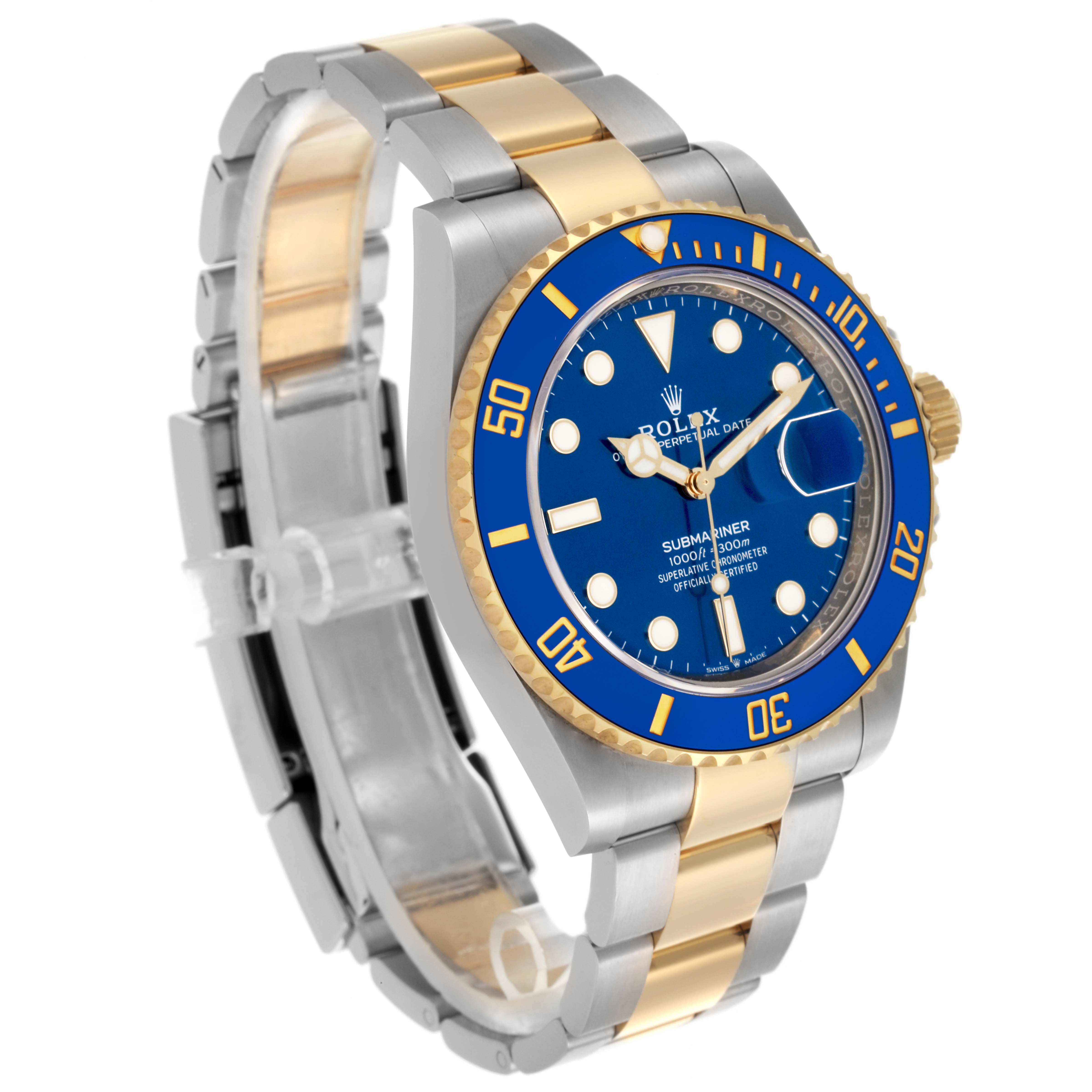 The Rolex Submariner 126613LB Men's Steel and Gold (two tone) Blue Dial 126613LB Men's Steel and Gold (two tone) Blue Dial watch is shown at a three-quarter angle, displaying the face, bezel, case, and bracelet clearly.