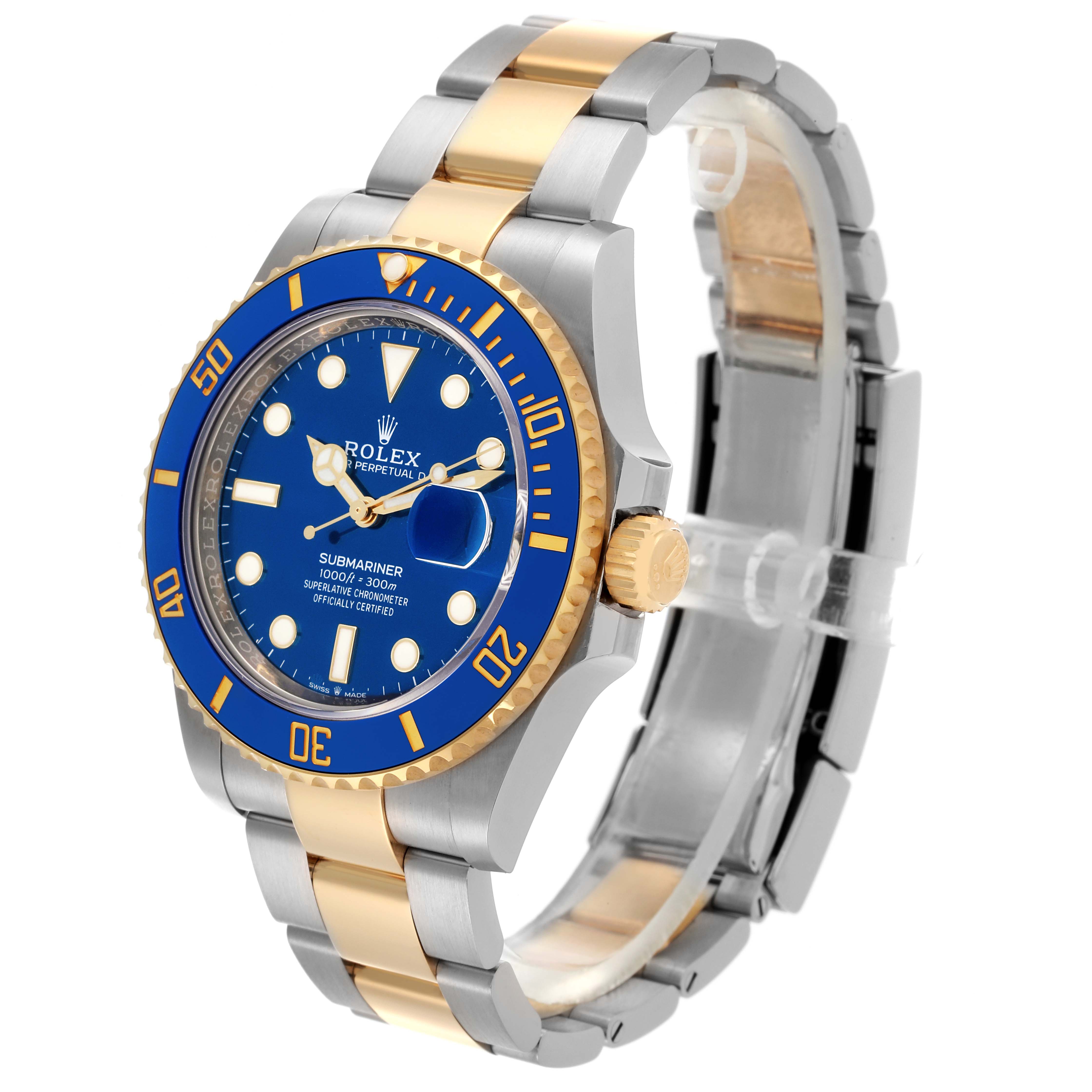The Rolex Submariner 126613LB Men's Steel and Gold (two tone) Blue Dial 126613LB Men's Steel and Gold (two tone) Blue Dial is shown at a three-quarter angle, highlighting the blue dial, gold bezel, and two-tone bracelet.