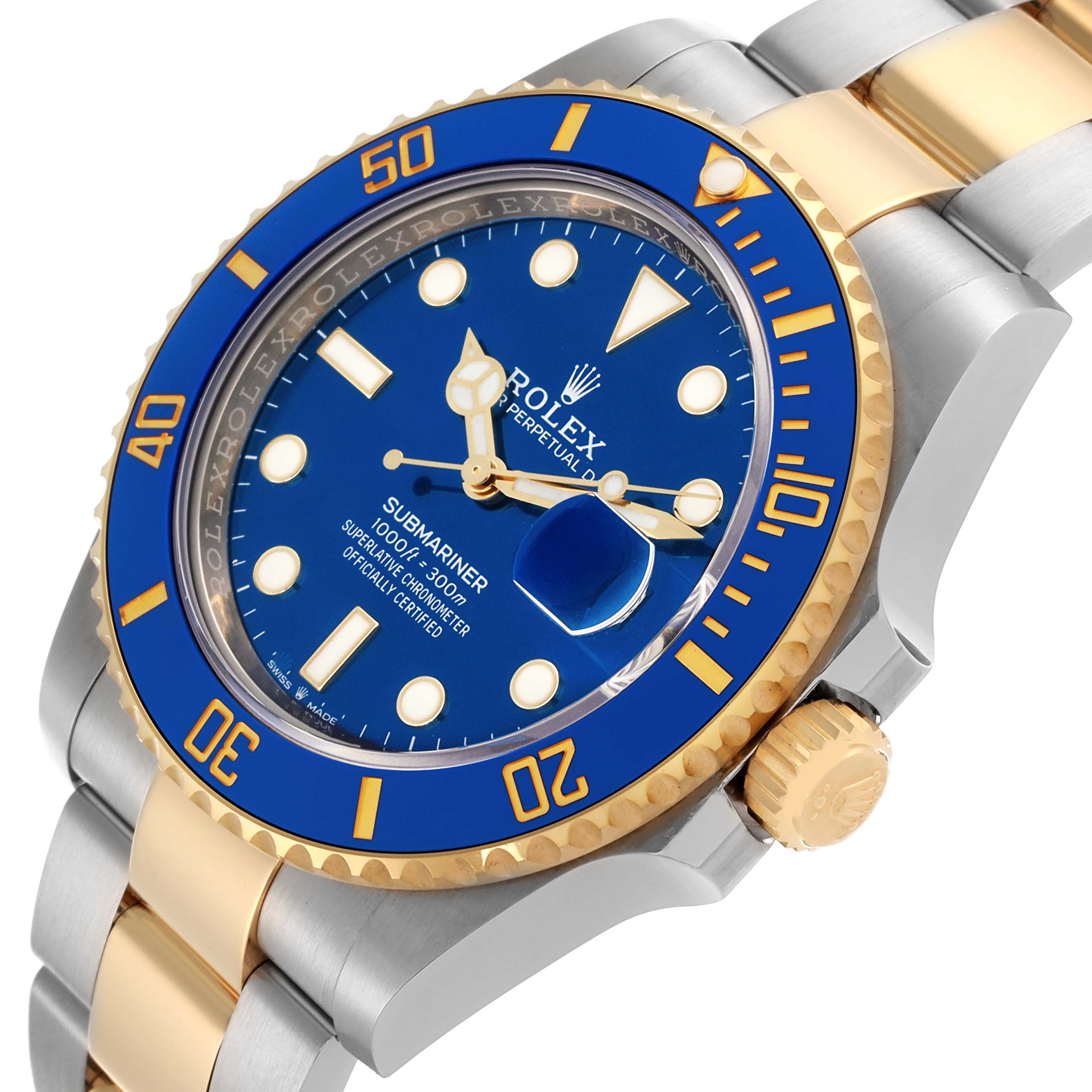 The Rolex Submariner 126613LB Men's Steel and Gold (two tone) Blue Dial 126613LB Men's Steel and Gold (two tone) Blue Dial watch is shown at a slight angle, highlighting the blue bezel, dial, and two-tone bracelet.
