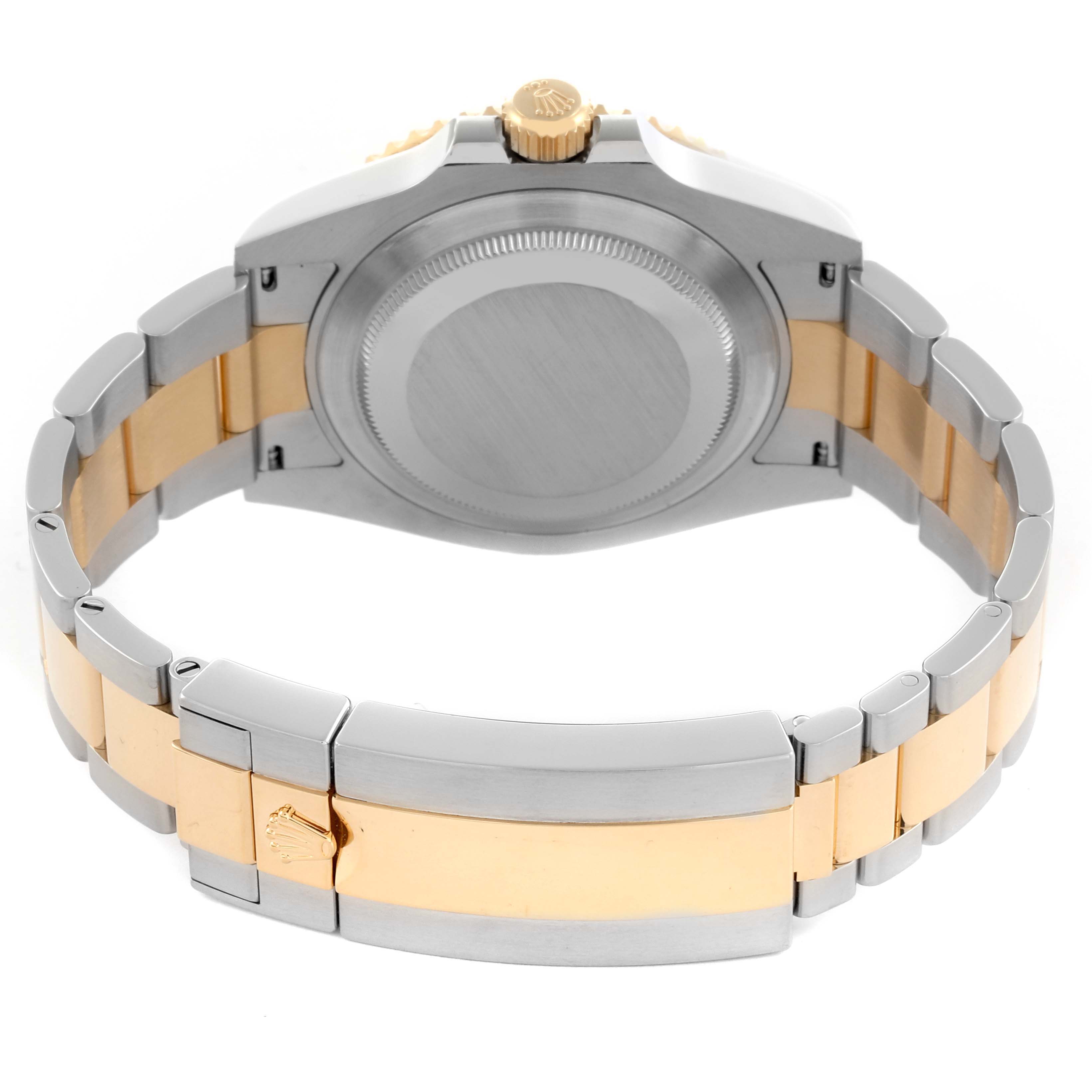 The image shows the back and bracelet of a Rolex Submariner 126613LB Men's Steel and Gold (two tone) Blue Dial 126613LB Men's Steel and Gold (two tone) Blue Dial, focusing on the case back and two-tone metal links.