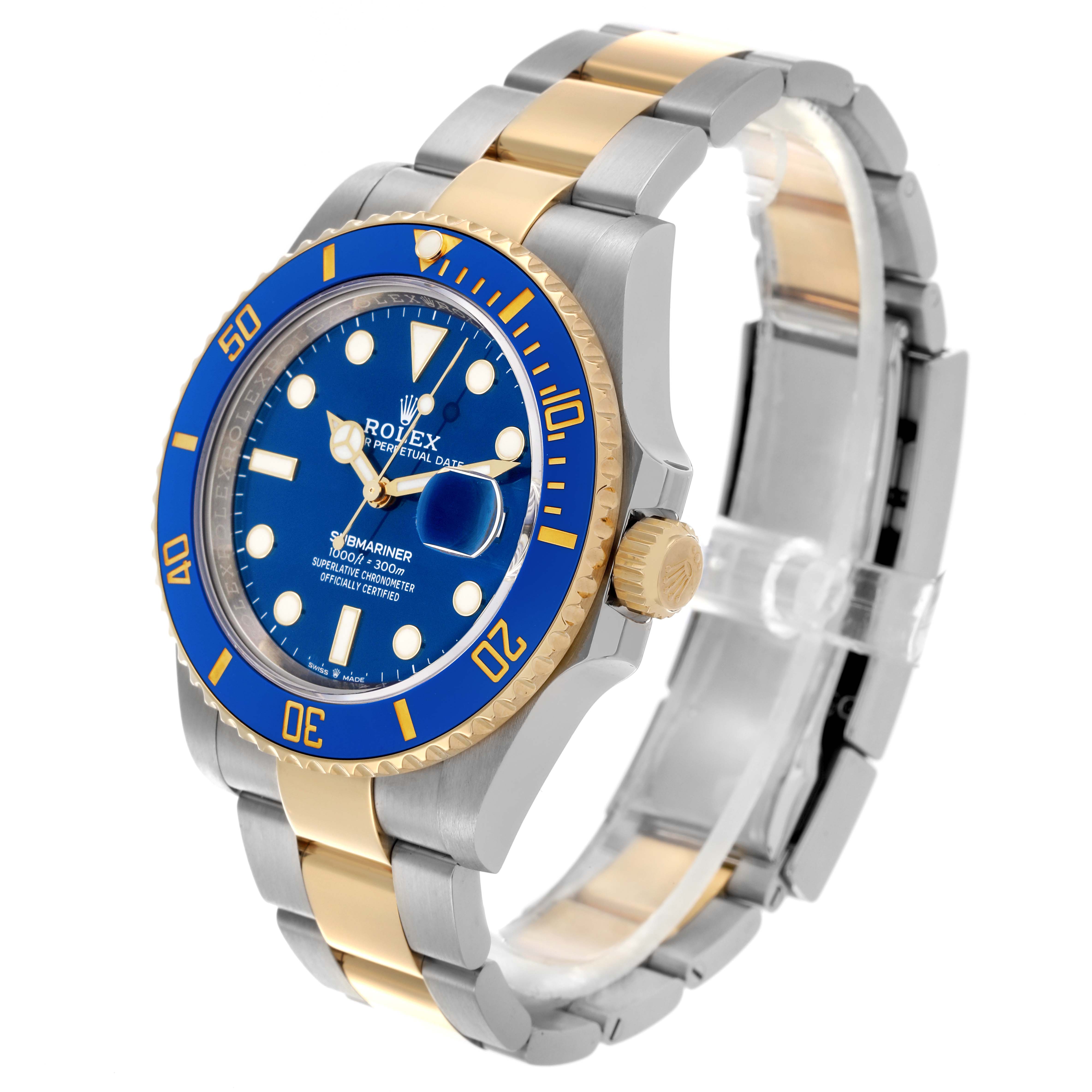 The Rolex Submariner 126613LB Men's Steel and Gold (two tone) Blue Dial 126613LB Men's Steel and Gold (two tone) Blue Dial watch is shown at a slight angle, highlighting the dial, bezel, crown, and bracelet.