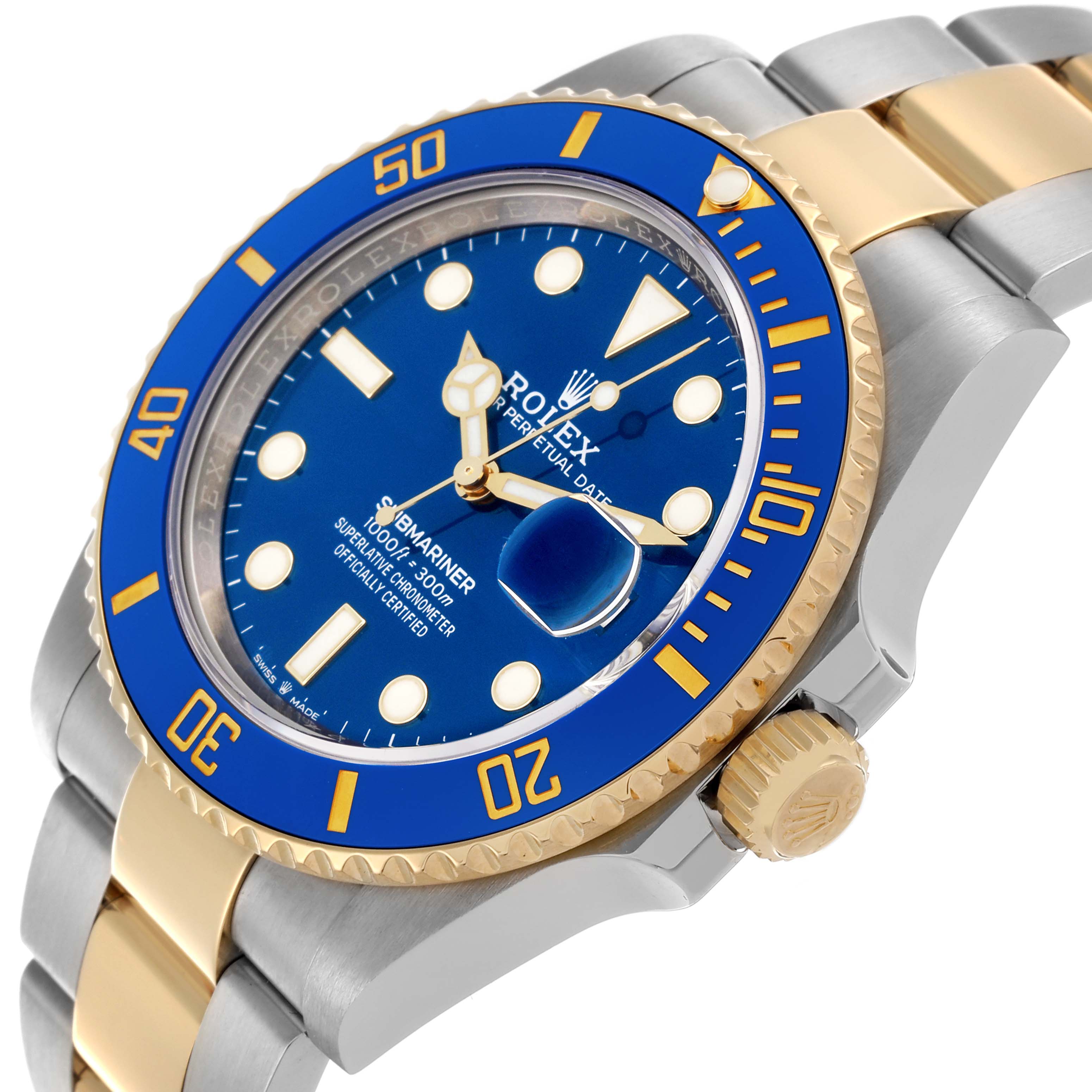 The Rolex Submariner 126613LB Men's Steel and Gold (two tone) Blue Dial 126613LB Men's Steel and Gold (two tone) Blue Dial is shown at a side angle, highlighting the blue bezel, dial, and two-tone bracelet.