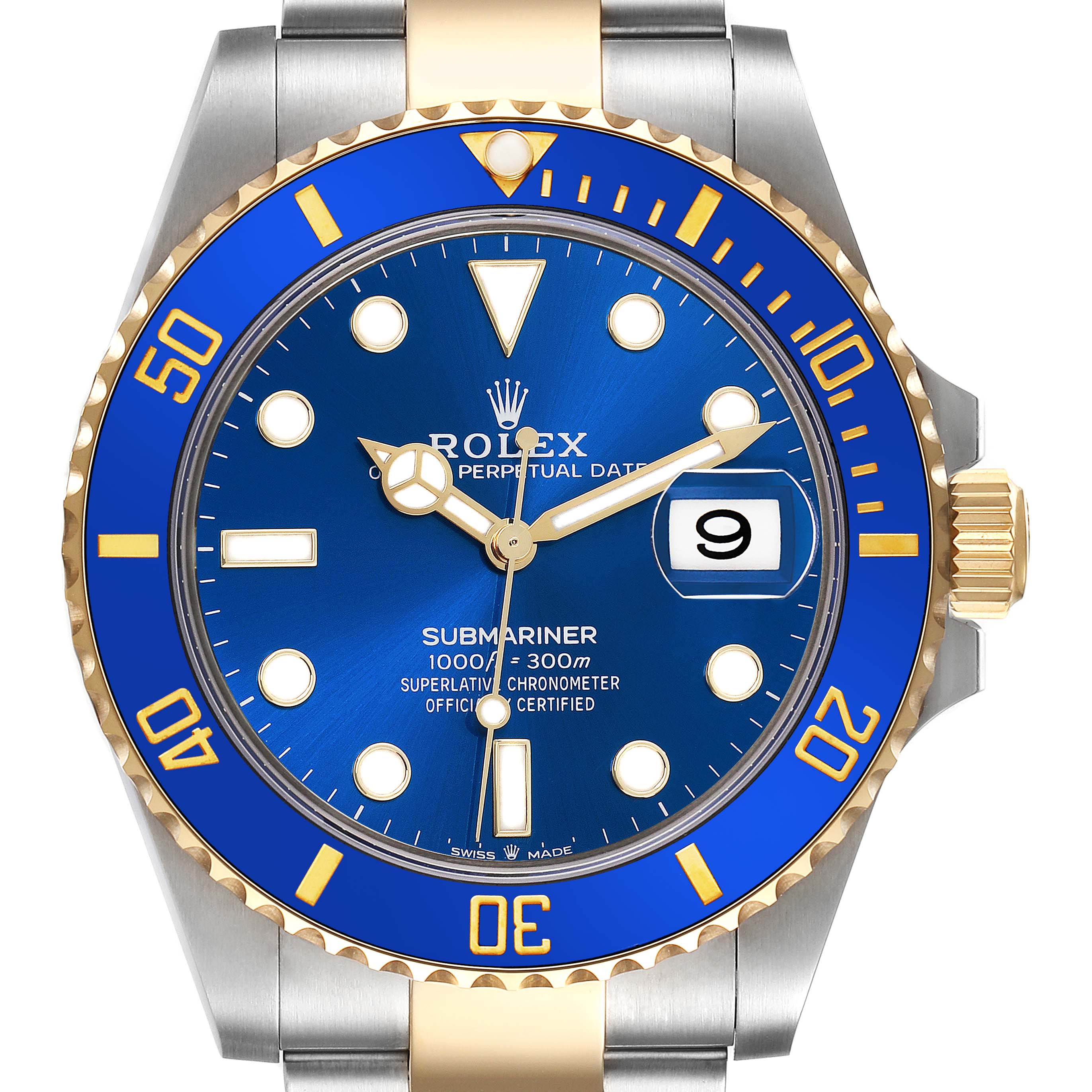 The image shows the front view of a Rolex Submariner 126613LB Men's Steel and Gold (two tone) Blue Dial 126613LB Men's Steel and Gold (two tone) Blue Dial, highlighting the blue dial and bezel, with gold accents.