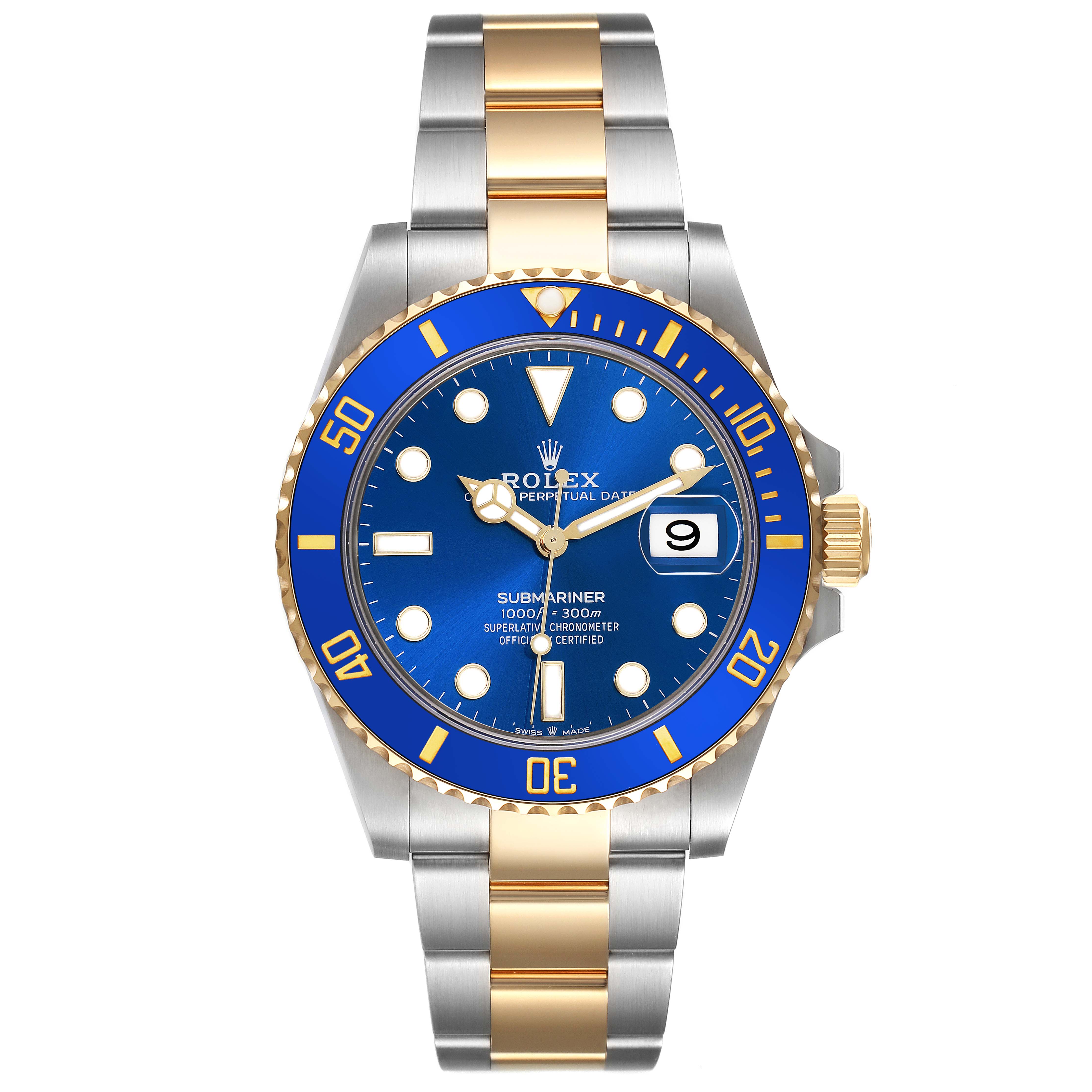 The Rolex Submariner 126613LB Men's Steel and Gold (two tone) Blue Dial 126613LB Men's Steel and Gold (two tone) Blue Dial watch is shown from a frontal angle, highlighting the face, bezel, bracelet, and date window.