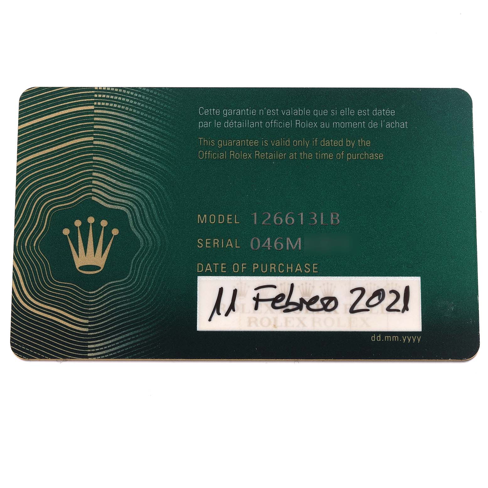 The image shows the warranty card for a Rolex Submariner 126613LB Men's Steel and Gold (two tone) Blue Dial 126613LB Men's Steel and Gold (two tone) Blue Dial, model 126613LB, displaying details and purchase date.