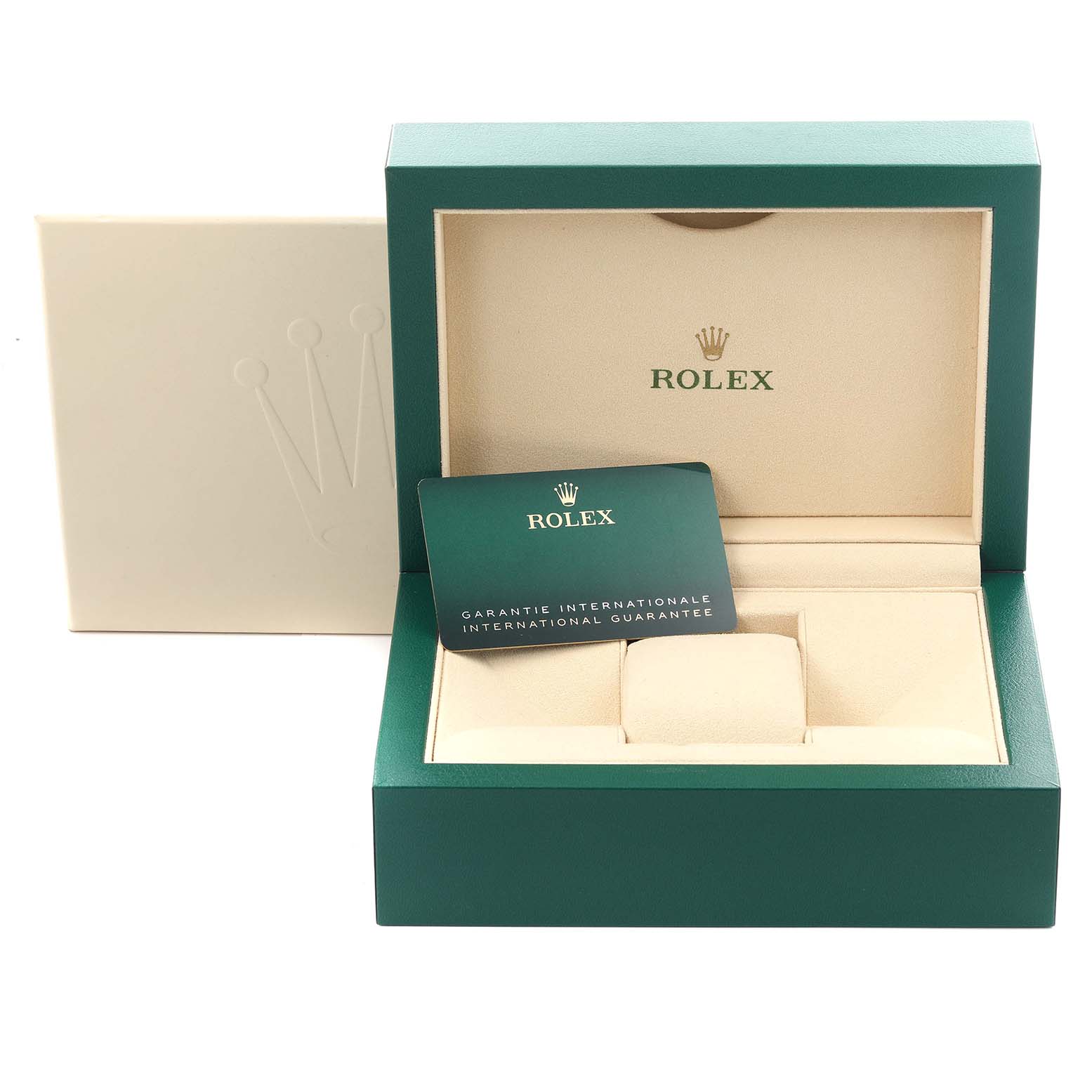 The image shows an open Rolex Submariner 126613LB Men's Steel and Gold (two tone) Blue Dial 126613LB Men's Steel and Gold (two tone) Blue Dial box with a warranty card and cushioned watch holder.