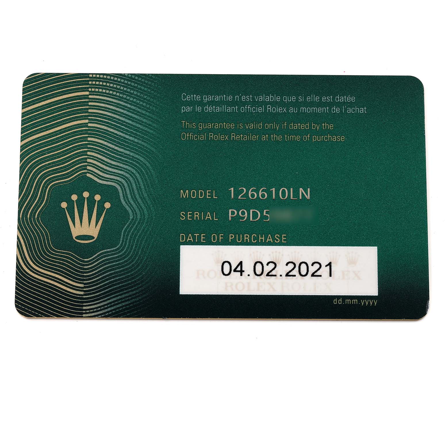 This image shows a warranty card for the Rolex Submariner 126610LN Men
s Stainless Steel Black Dial 126610LN Men
s Stainless Steel Black Dial model 126610LN, with a purchase date of 04.02.2021.