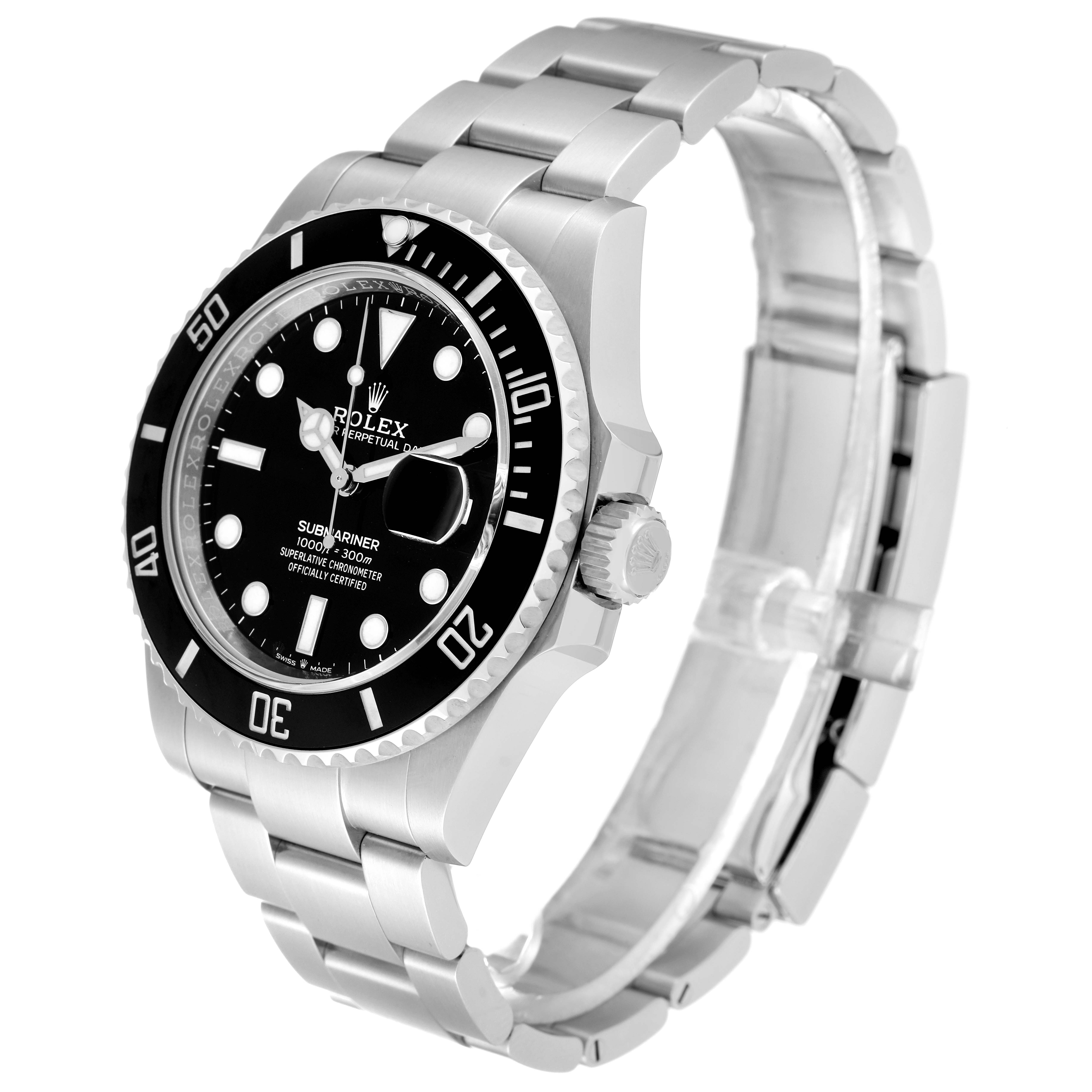 The image shows a Rolex Submariner 126610LN Men
s Stainless Steel Black Dial 126610LN Men
s Stainless Steel Black Dial watch at a three-quarter angle, displaying the face, bezel, bracelet, and crown.