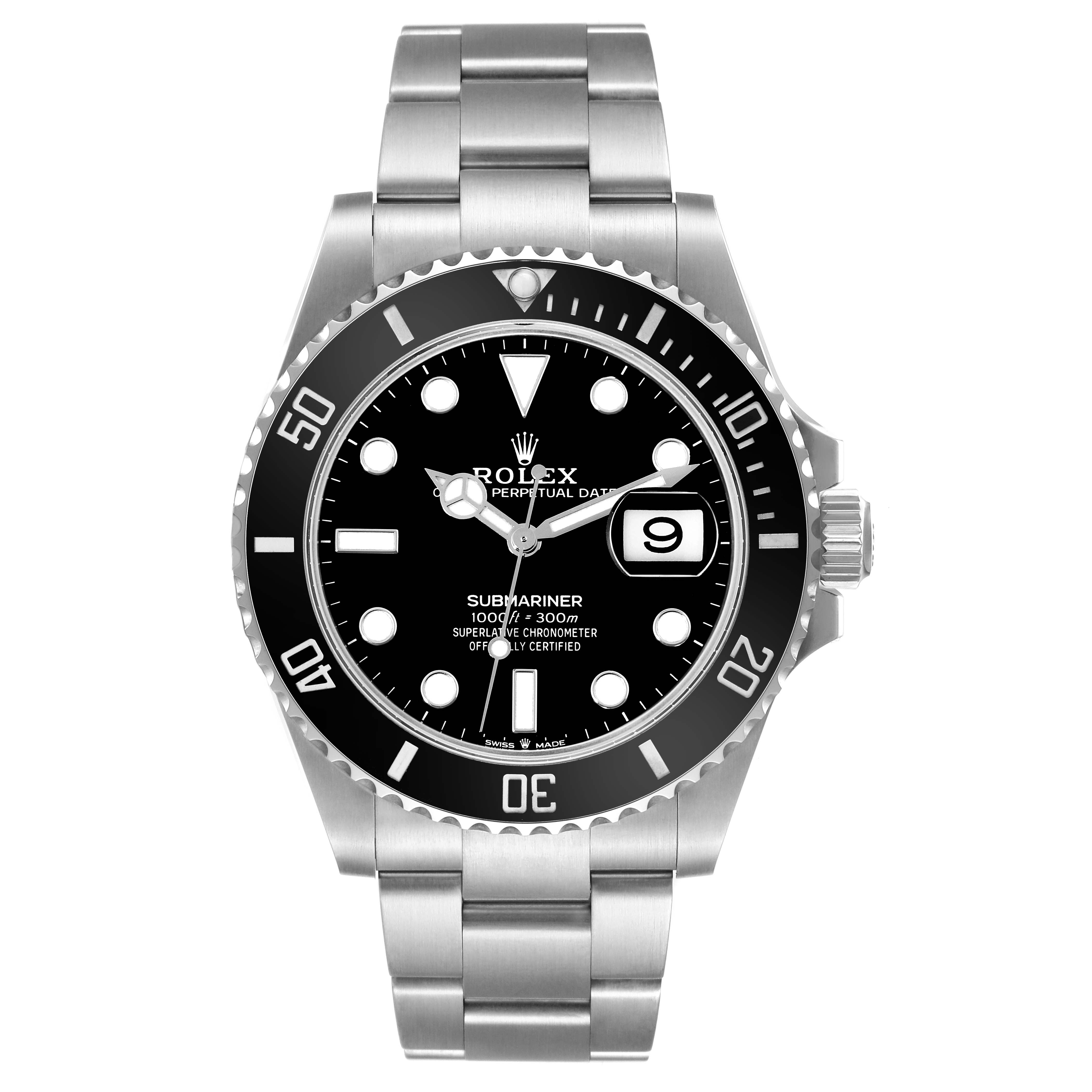 This is a front view of a Rolex Submariner 126610LN Men
s Stainless Steel Black Dial 126610LN Men
s Stainless Steel Black Dial watch showing the dial, bezel, bracelet, and date window.
