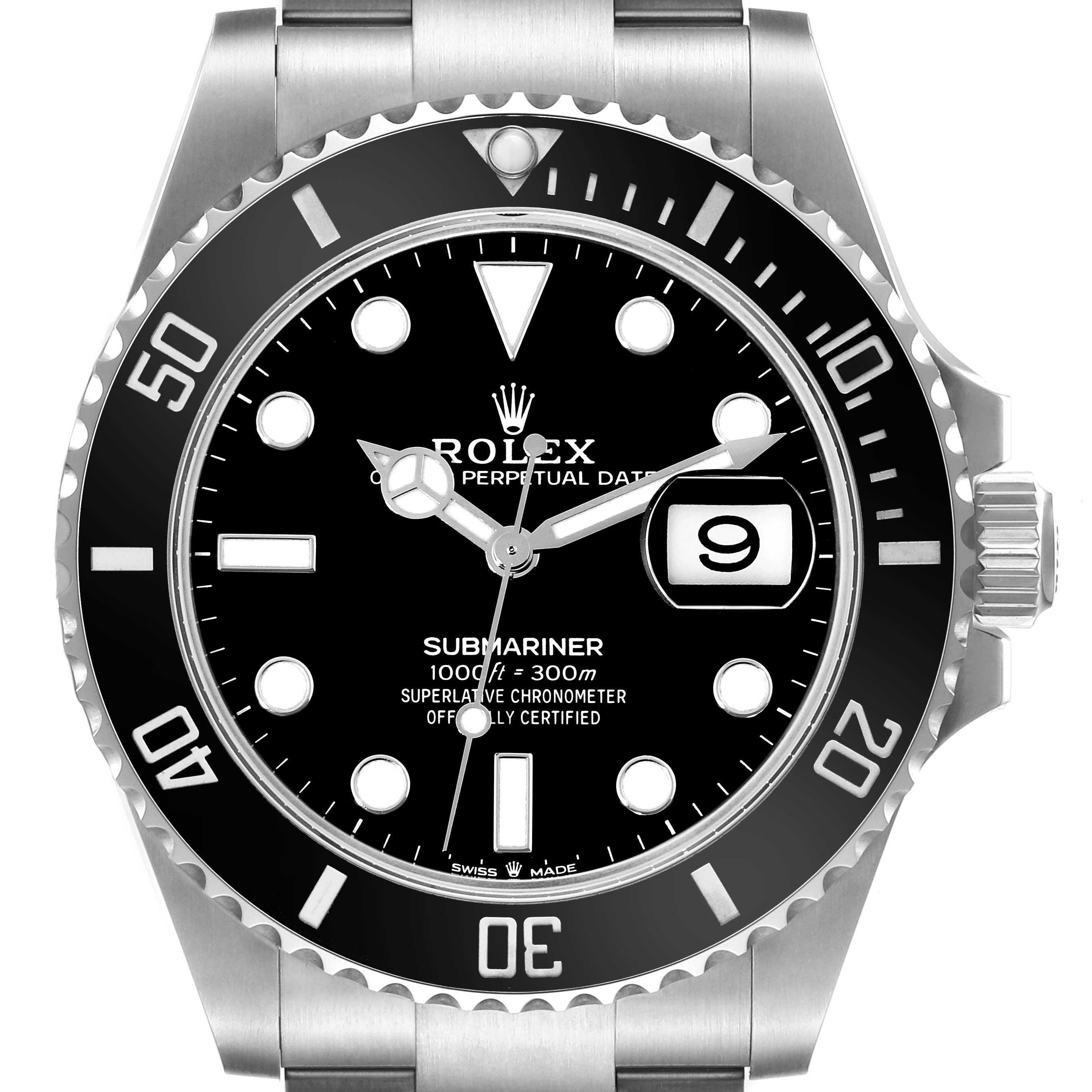 The image shows a Rolex Submariner 126610LN Men
s Stainless Steel Black Dial 126610LN Men
s Stainless Steel Black Dial watch from a front angle, displaying the dial, bezel, crown, and part of the bracelet.