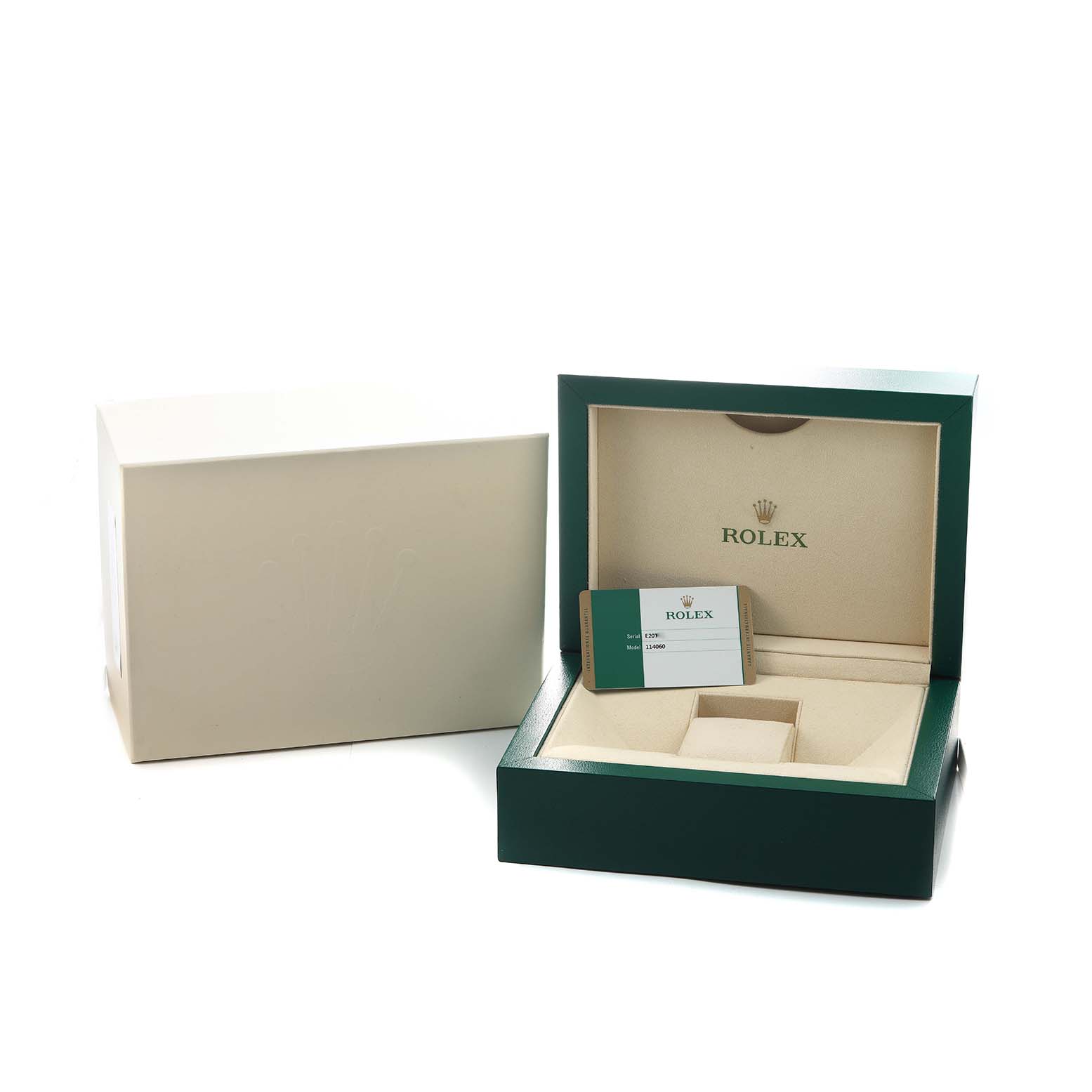 The image shows an open Rolex Submariner 114060 Men's Stainless Steel Black Dial watch box with a warranty card, viewed from the front.