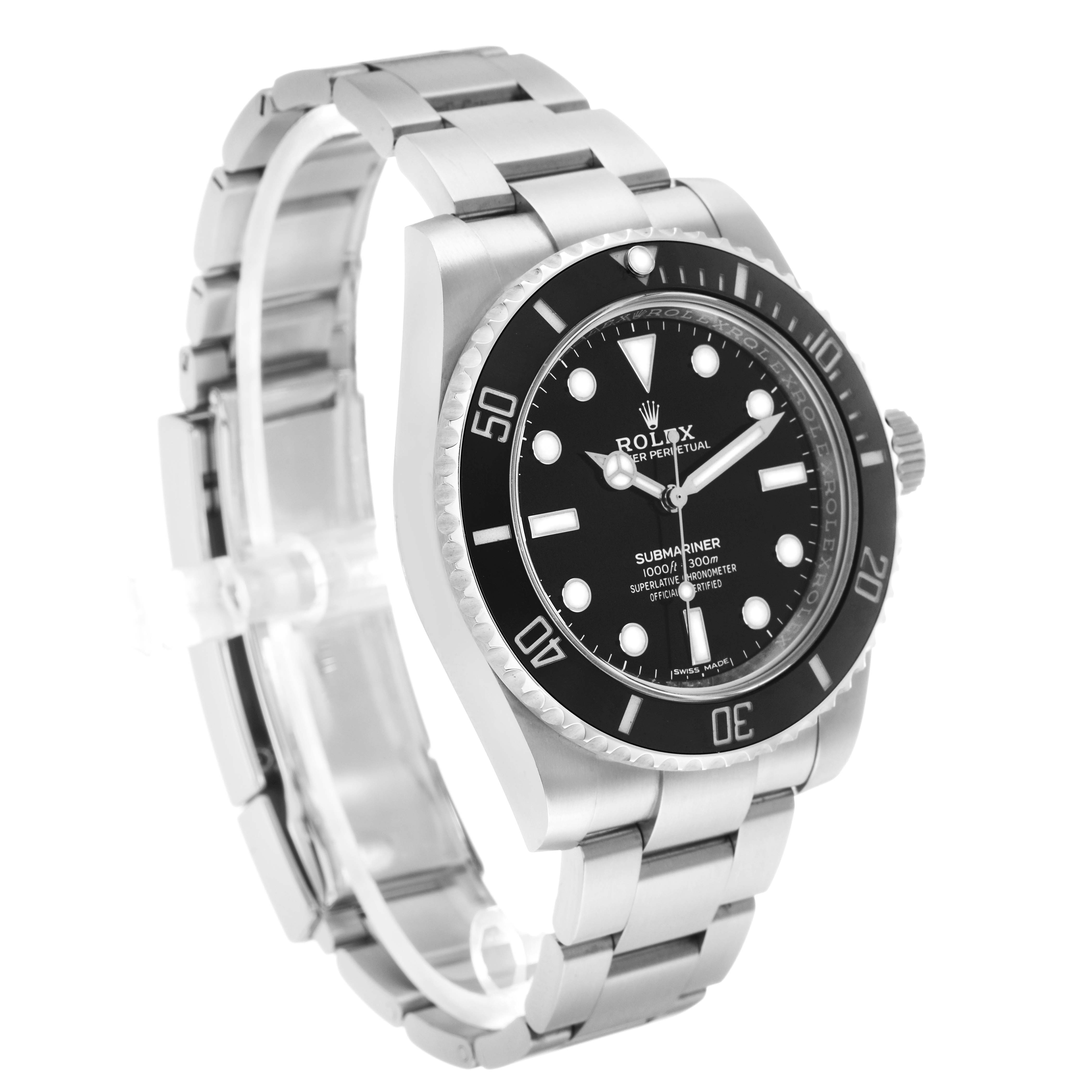 The Rolex Submariner 114060 Men's Stainless Steel Black Dial watch is shown at a slight angle, highlighting the face, bezel, and bracelet.