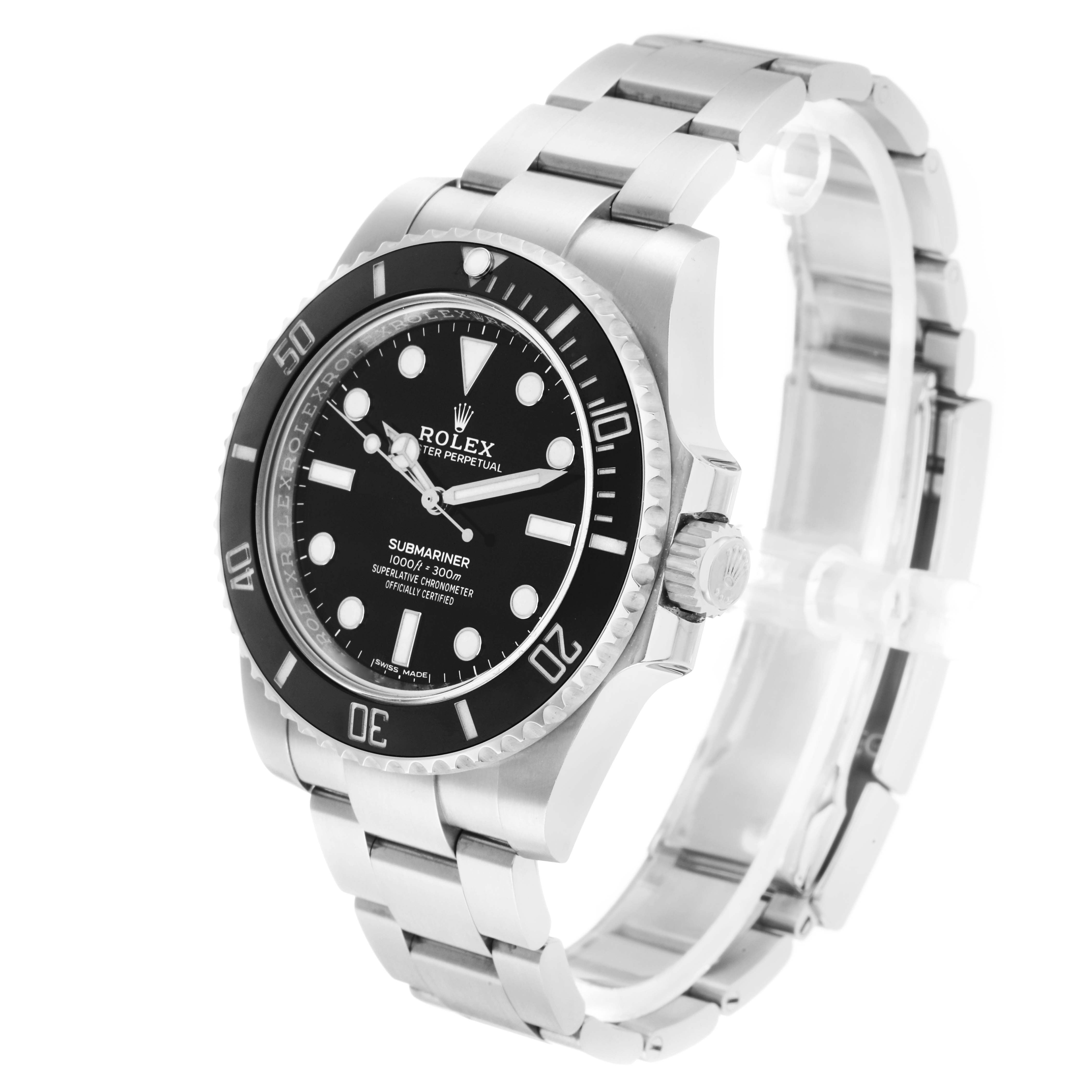The Rolex Submariner 114060 Men's Stainless Steel Black Dial is shown at a three-quarter angle, displaying the face, bezel, crown, and bracelet.