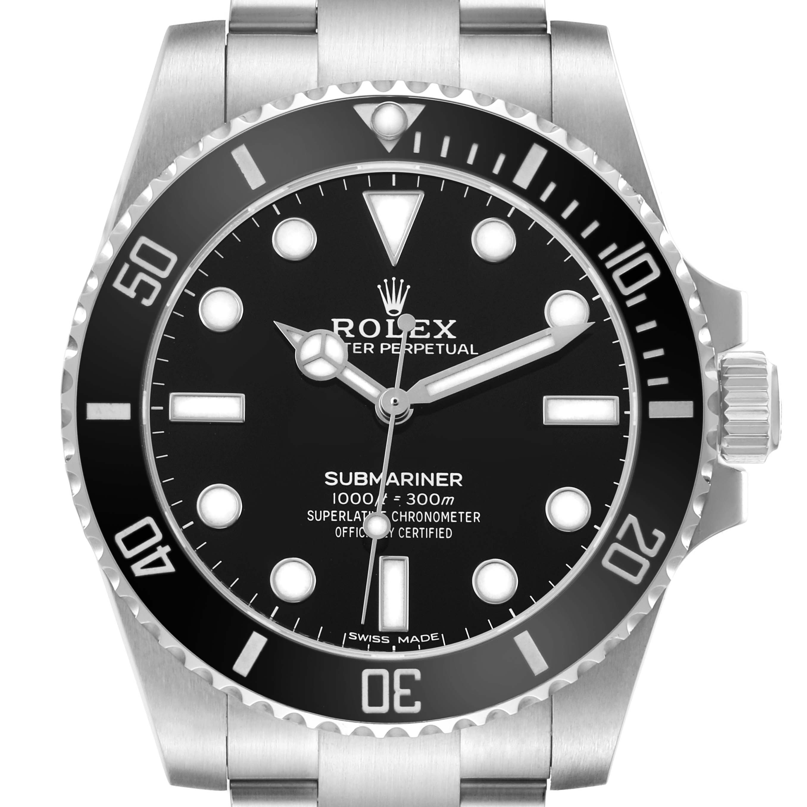 The Rolex Submariner 114060 Men's Stainless Steel Black Dial watch is shown from the front, displaying the dial, bezel, and part of the bracelet.