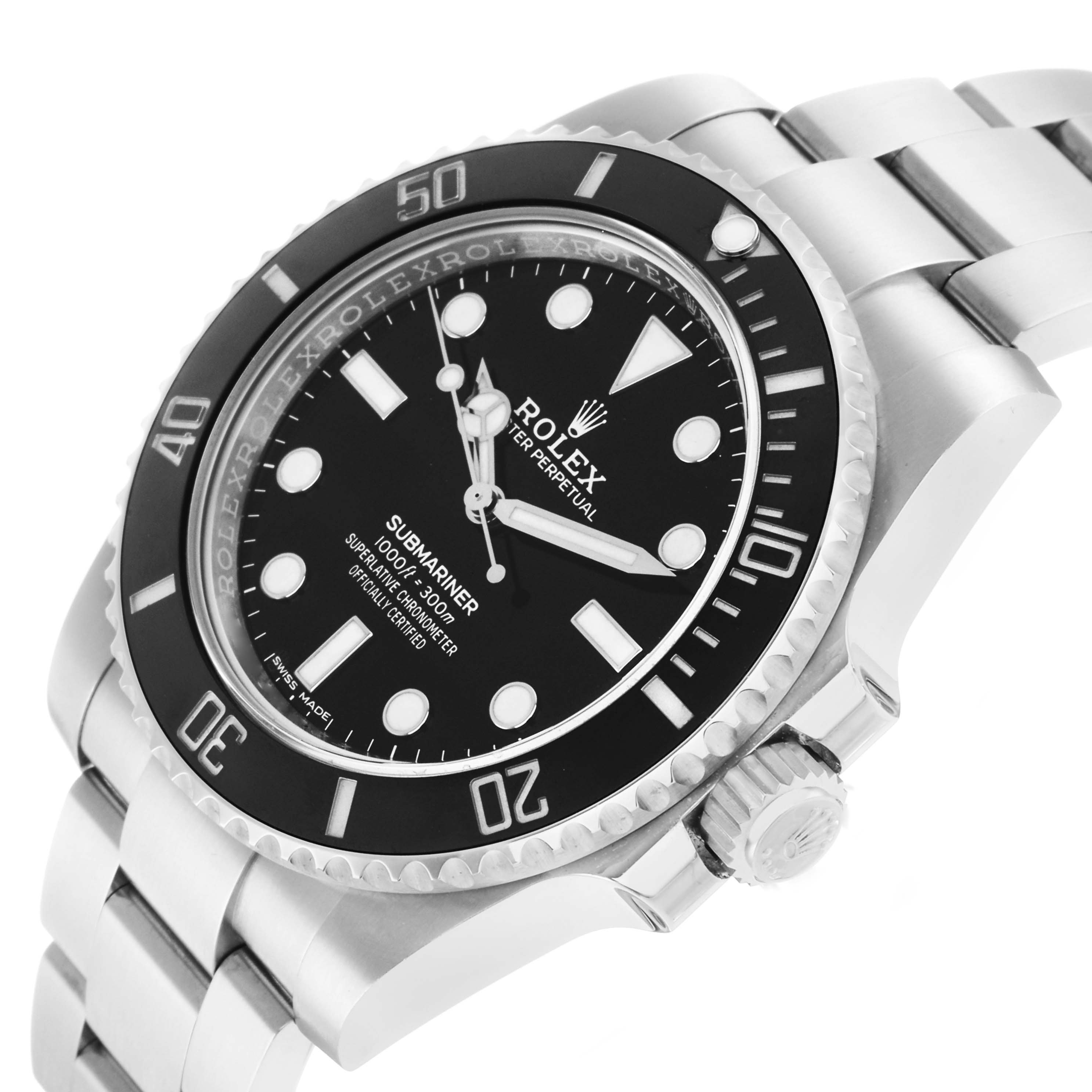 The image shows a Rolex Submariner 114060 Men's Stainless Steel Black Dial watch at a slight angle, highlighting its dial, bezel, crown, and bracelet.