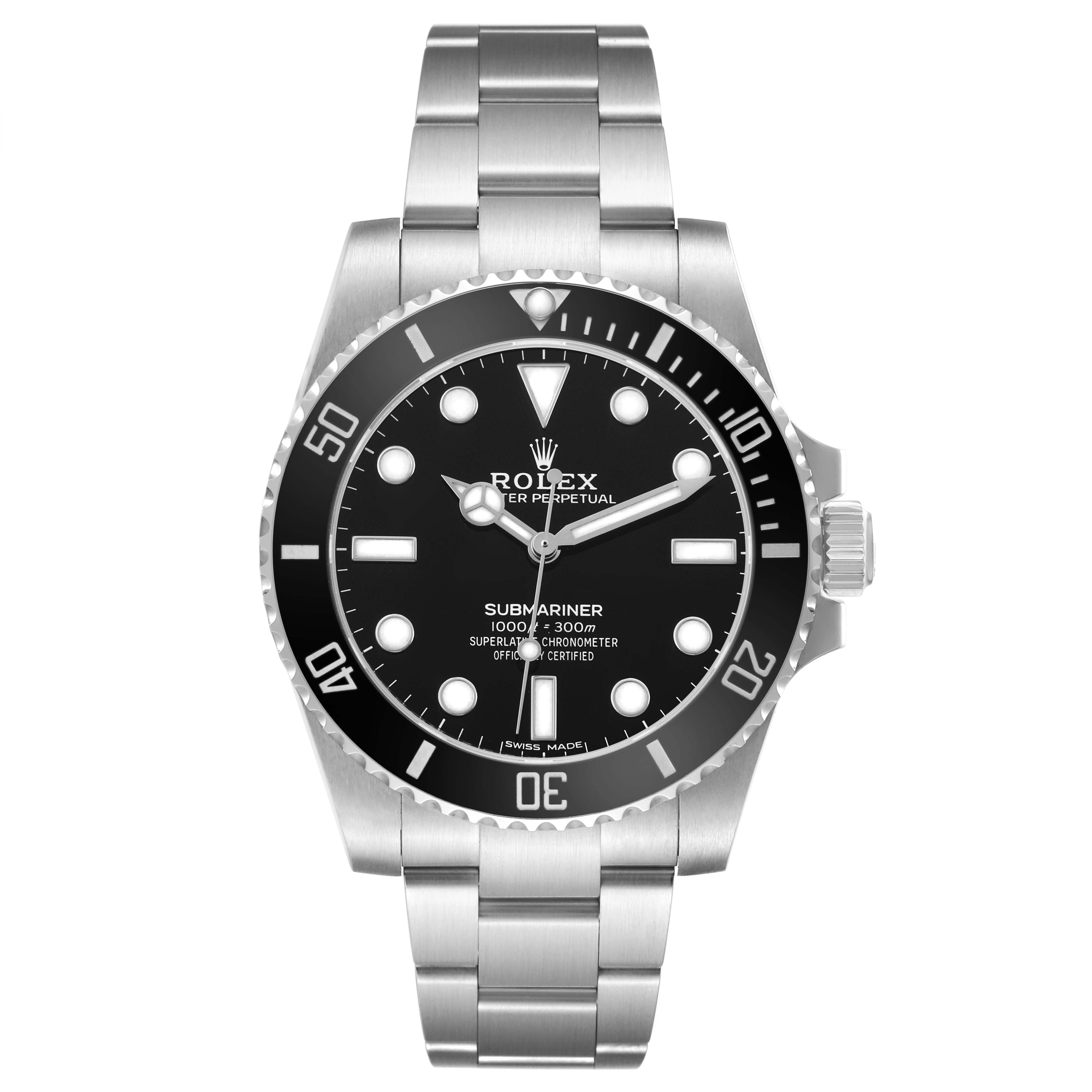 The Rolex Submariner 114060 Men's Stainless Steel Black Dial is shown from a top view, displaying the dial, bezel, and bracelet clearly.
