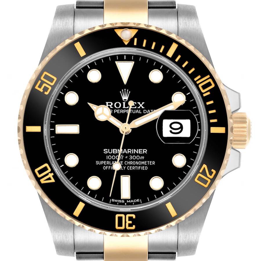 The Rolex Submariner watch is shown from the front, displaying its dial, bezel, and part of the bracelet.