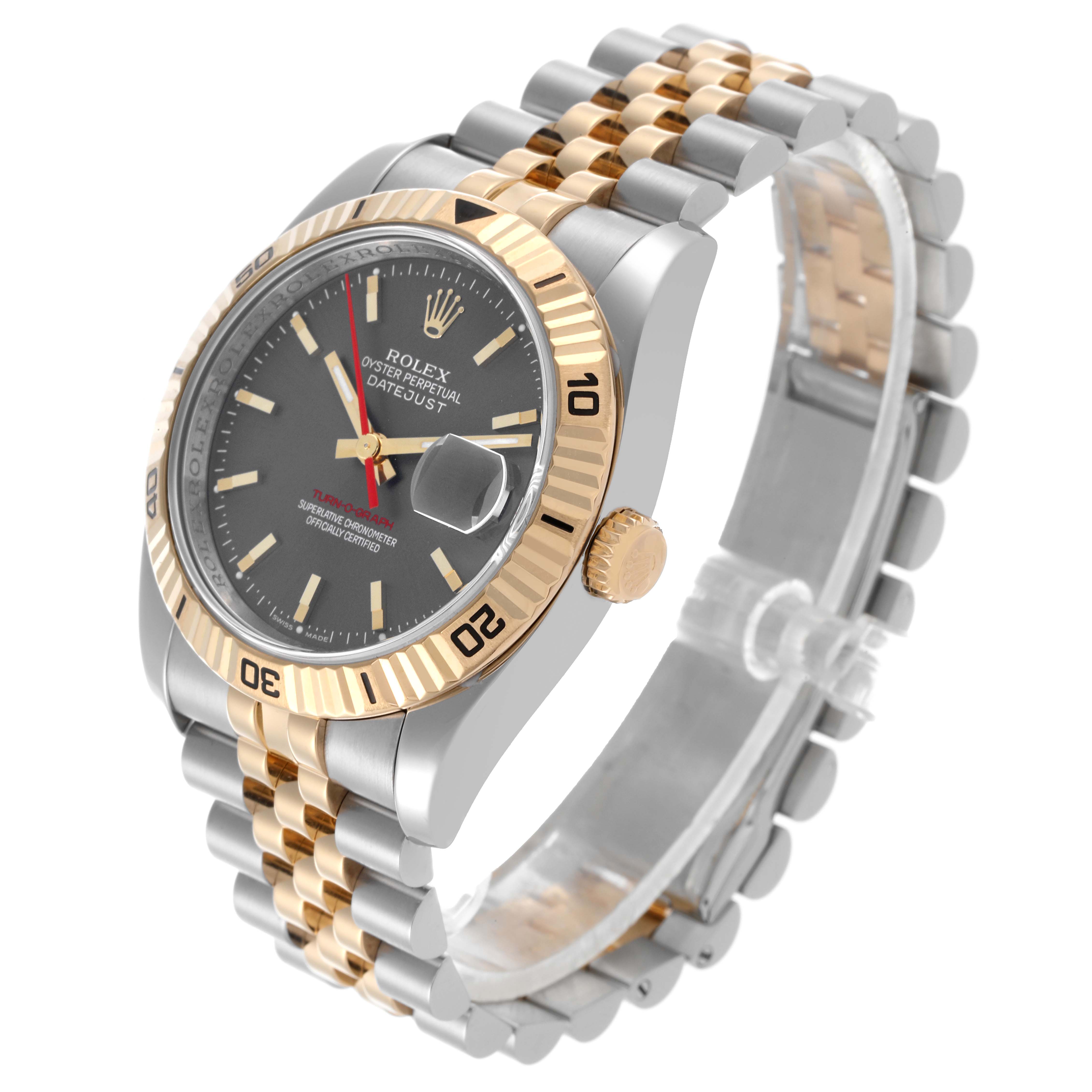 The Rolex Turn-o-Graph 116263 Men's Steel and Gold (two tone) Grey Dial 116263 Men's Steel and Gold (two tone) Grey Dial watch is shown at a three-quarter angle highlighting the bezel, dial, and bracelet.