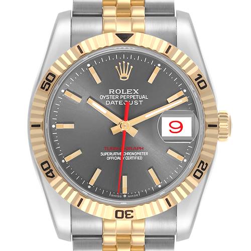 The Rolex Turn-o-Graph watch is shown from a front angle, displaying the dial, bezel, hands, date, and bracelet.