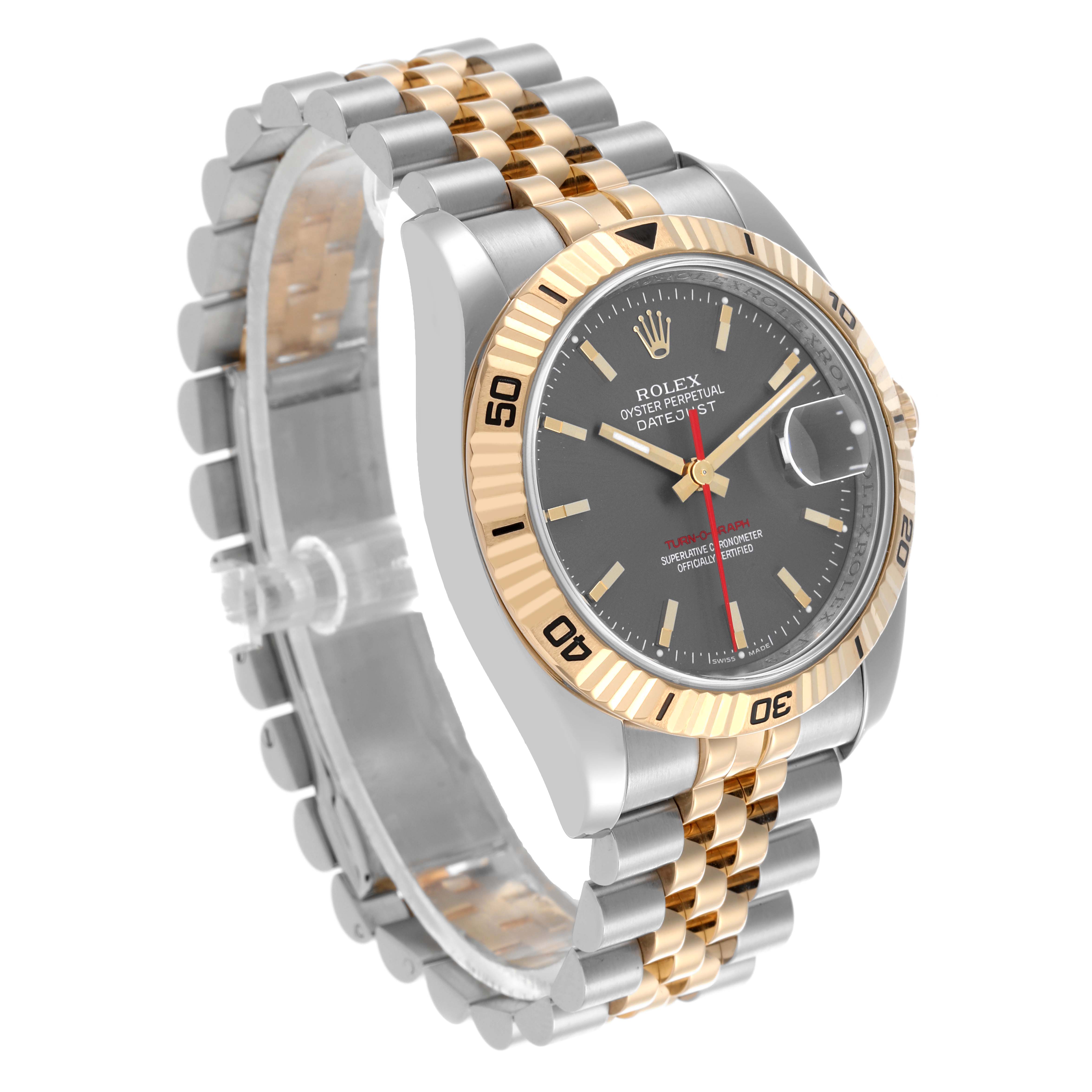The Rolex Turn-o-Graph 116263 Men's Steel and Gold (two tone) Grey Dial 116263 Men's Steel and Gold (two tone) Grey Dial watch is shown at a slight left angle, featuring the face, bezel, and jubilee bracelet.