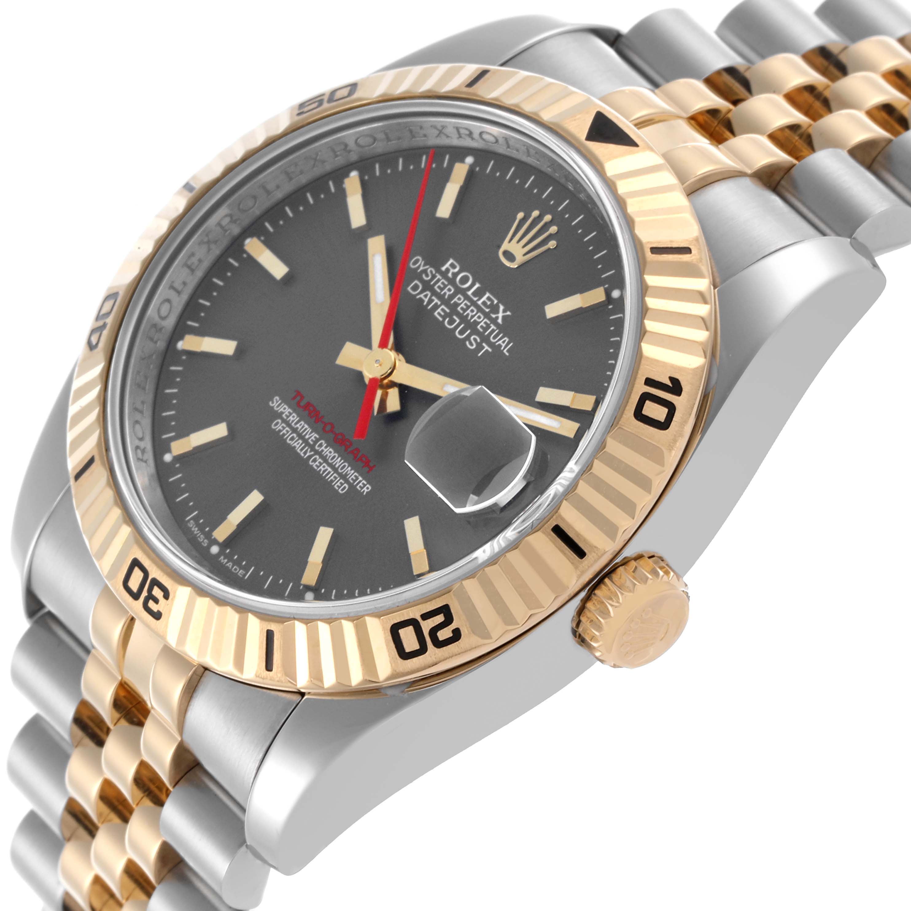 The Rolex Turn-o-Graph 116263 Men's Steel and Gold (two tone) Grey Dial 116263 Men's Steel and Gold (two tone) Grey Dial is shown at a three-quarter angle, showcasing the bezel, crown, and part of the bracelet.