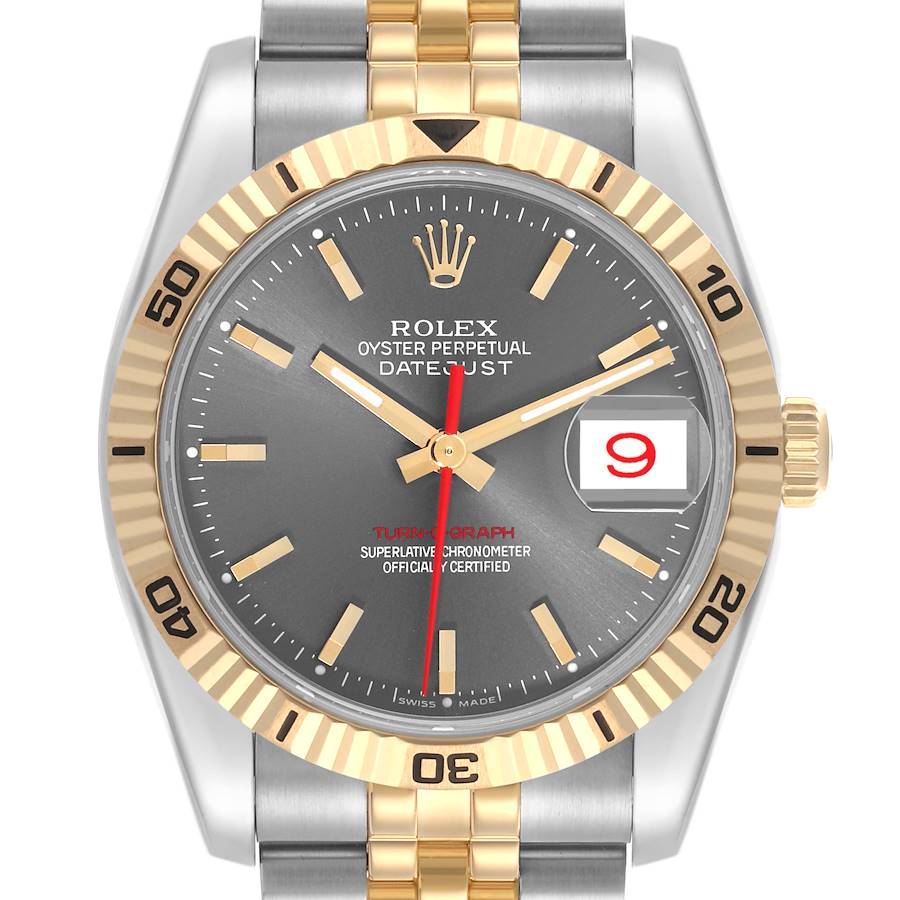 The Rolex Turn-o-Graph watch is shown from the front, highlighting the dial, bezel, and partial bracelet.