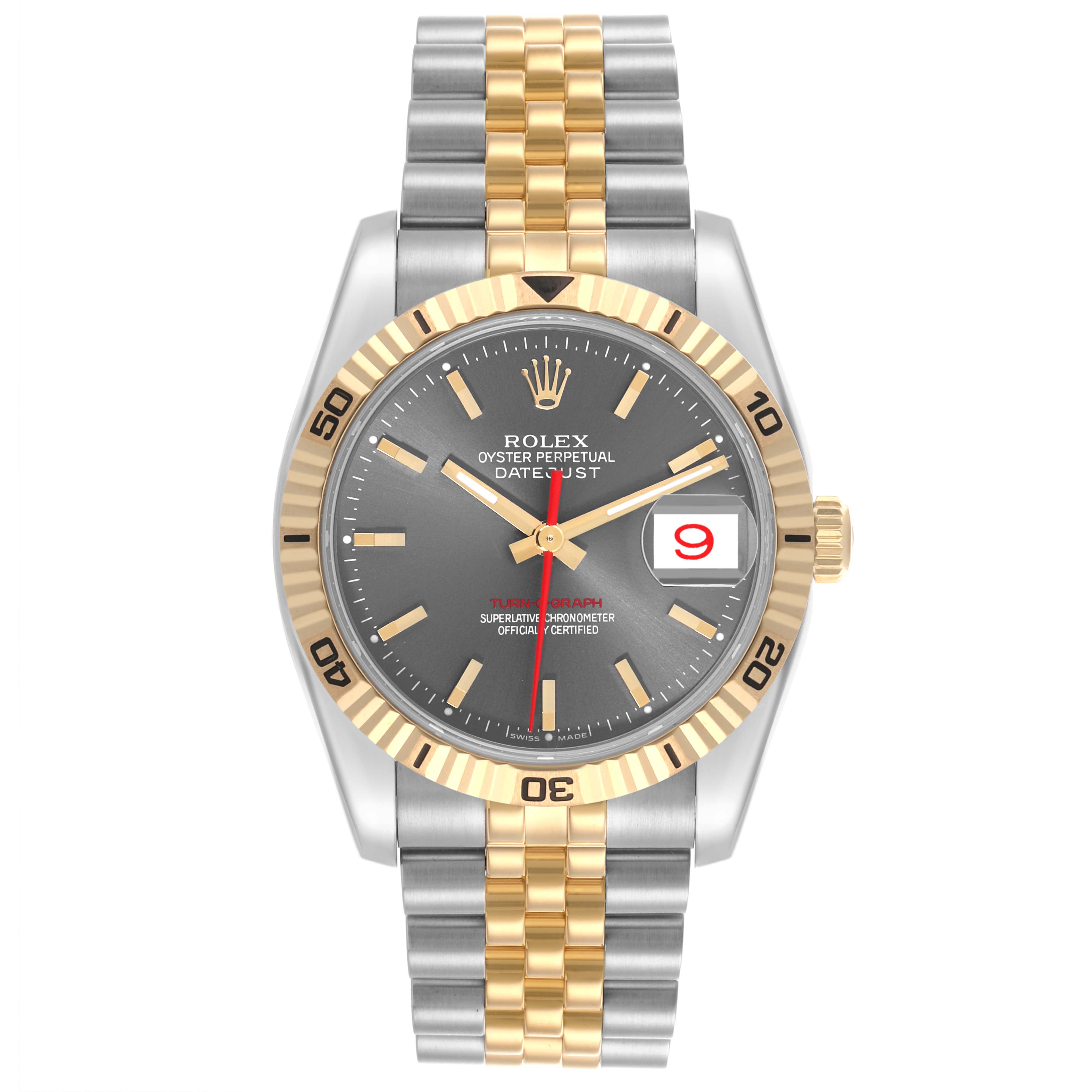 The Rolex Turn-o-Graph 116263 Men's Steel and Gold (two tone) Grey Dial 116263 Men's Steel and Gold (two tone) Grey Dial watch is shown from a top view, displaying the face, bezel, and two-tone bracelet clearly.