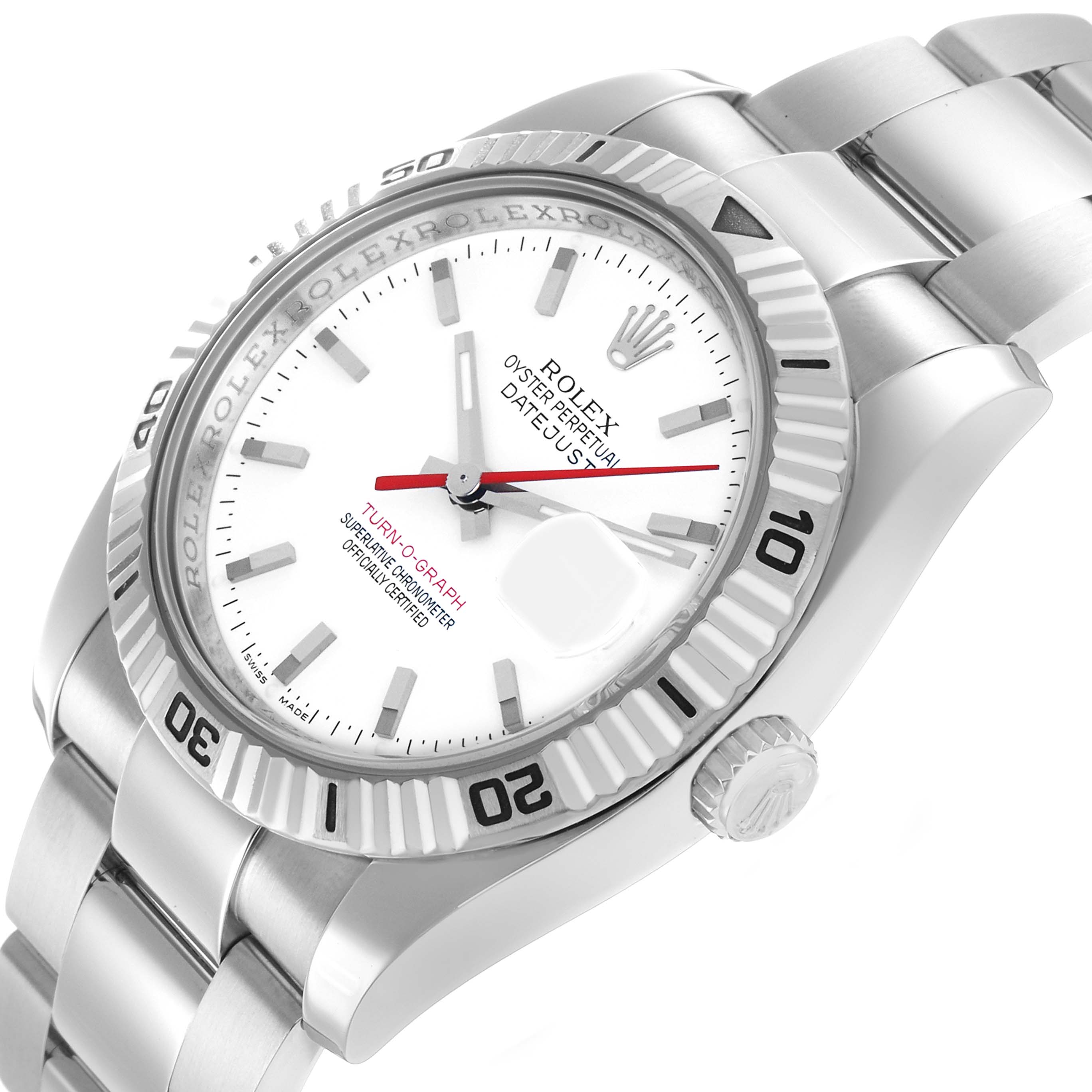 The Rolex Turn-o-Graph 116264 Men's Stainless Steel White Dial watch is shown from an angled side view, highlighting the bezel, dial, crown, and bracelet.
