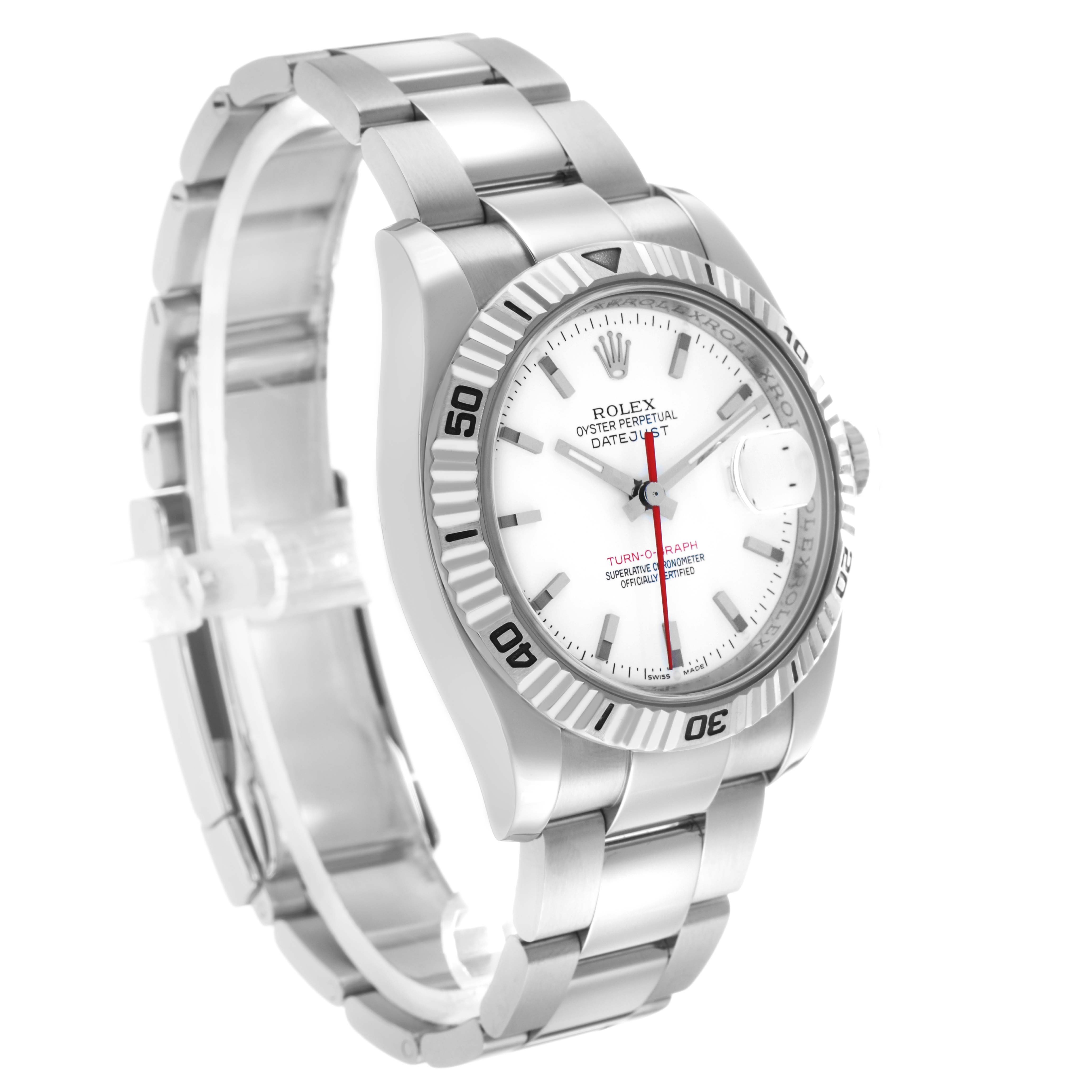 The Rolex Turn-o-Graph 116264 Men's Stainless Steel White Dial watch is shown at a slight angle, displaying its face, bezel, and bracelet.