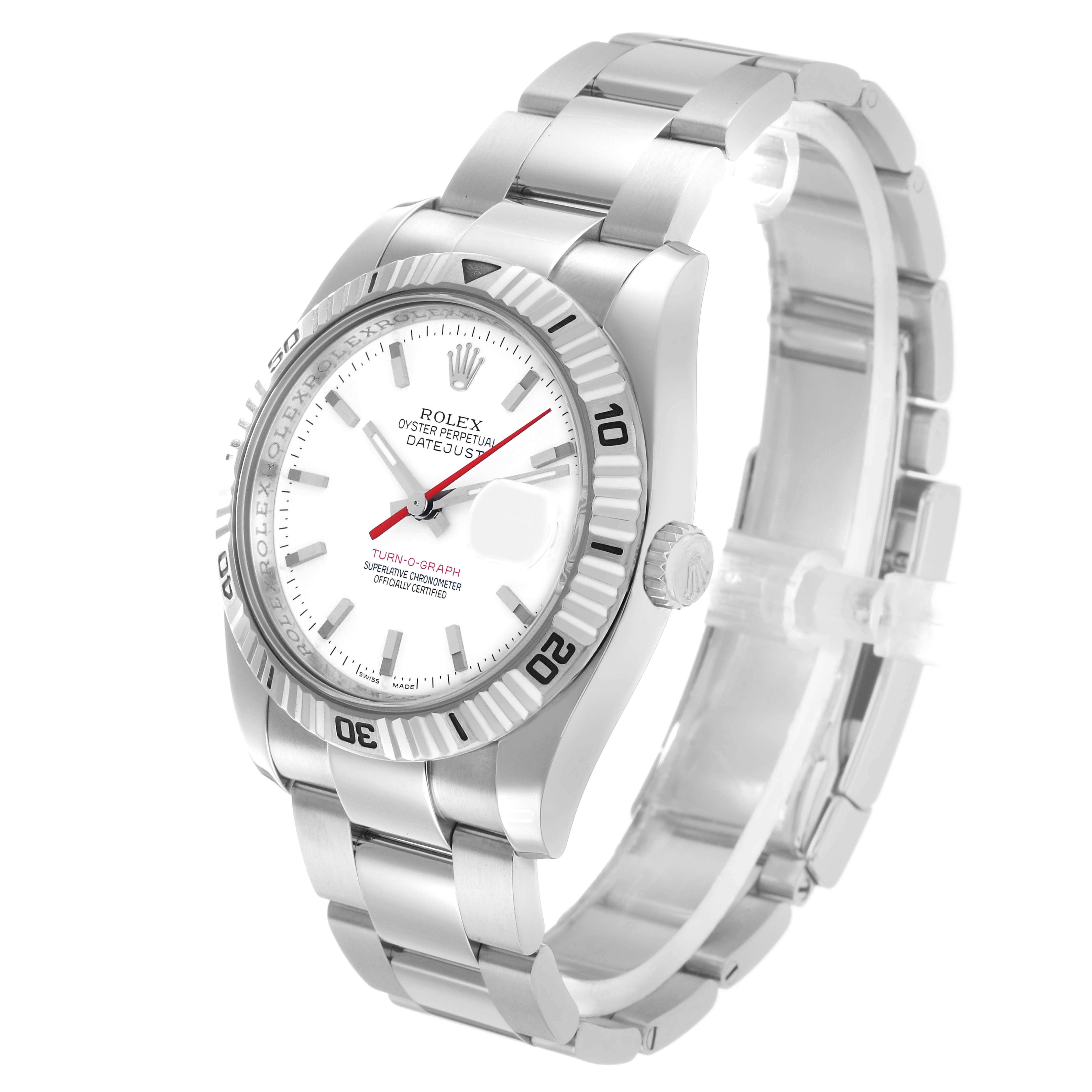 The Rolex Turn-o-Graph 116264 Men's Stainless Steel White Dial watch is shown at a three-quarter angle, highlighting the face, bezel, and bracelet.