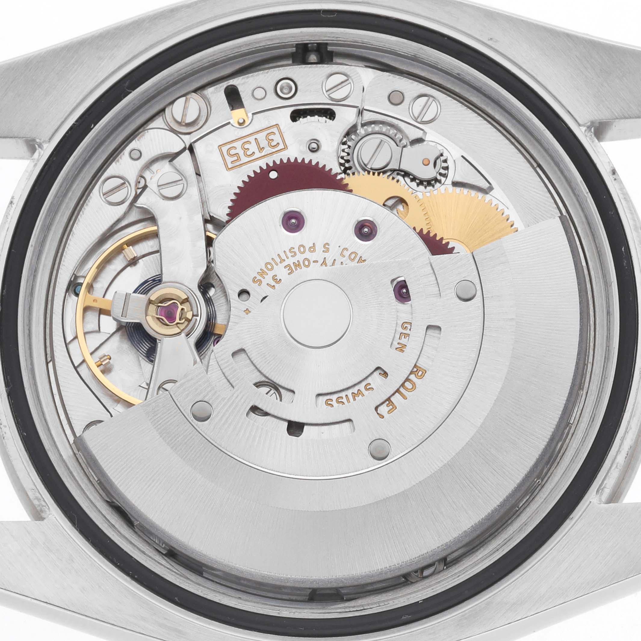 The image shows the back view of a Rolex Turn-o-Graph 116264 Men's Stainless Steel White Dial watch, highlighting its intricate movement and internal components.
