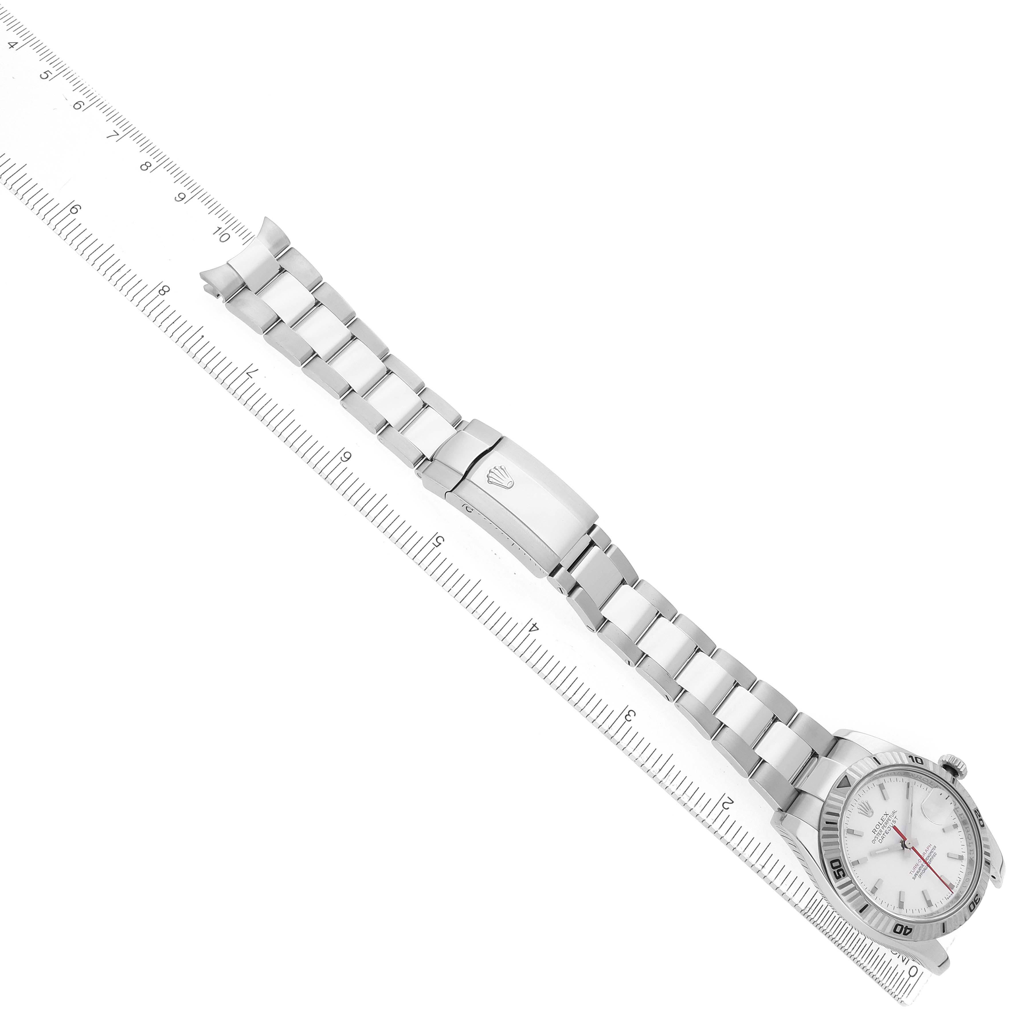 The Rolex Turn-o-Graph 116264 Men's Stainless Steel White Dial watch is shown at a diagonal angle, displaying the full bracelet, clasp, and partially the watch face.