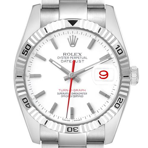 The image shows a frontal view of the Rolex Turn-o-Graph 116264 Men's Stainless Steel White Dial watch, highlighting the dial, bezel, and crown.