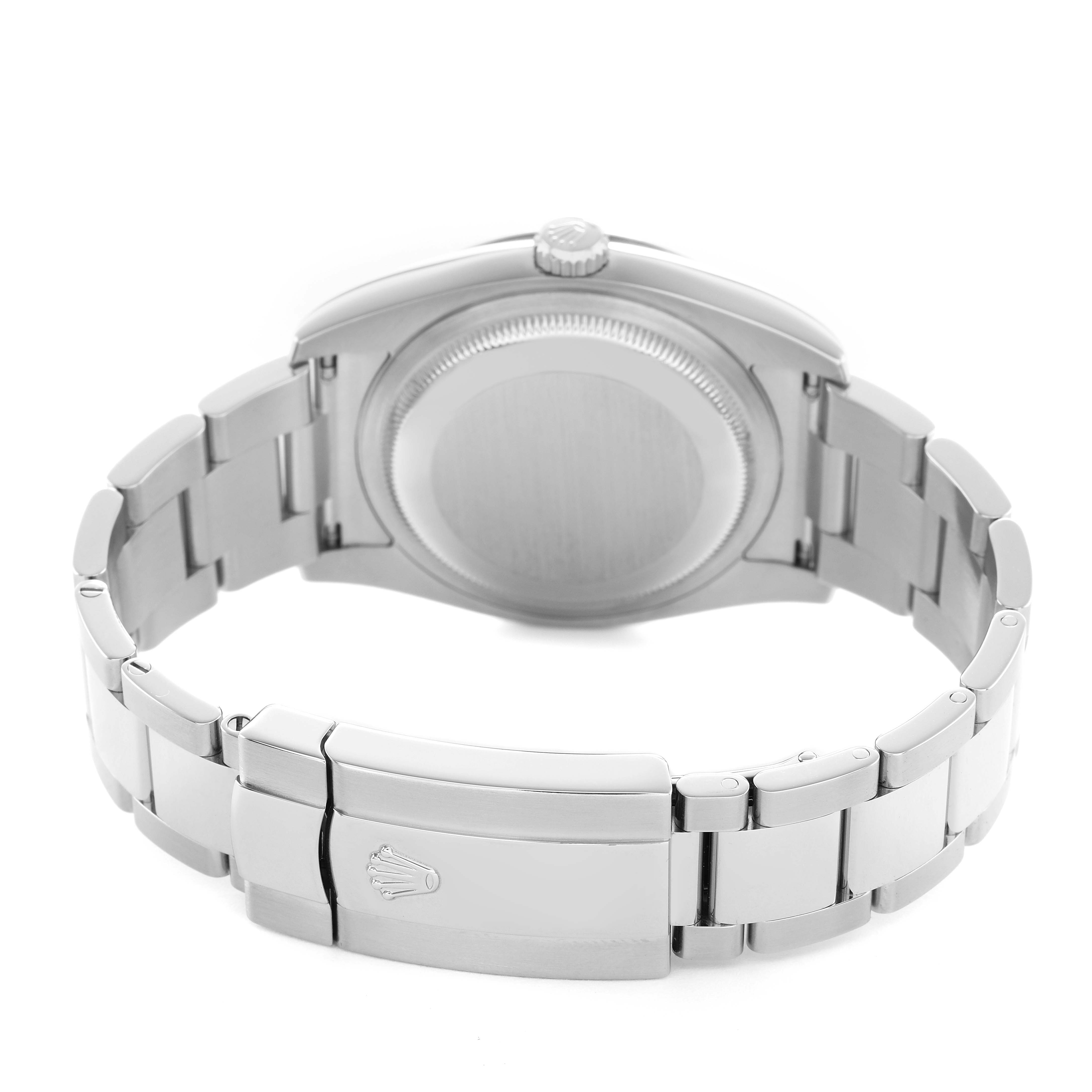 The image shows the back view of a Rolex Turn-o-Graph 116264 Men's Stainless Steel White Dial watch, highlighting the bracelet, clasp, and case back.