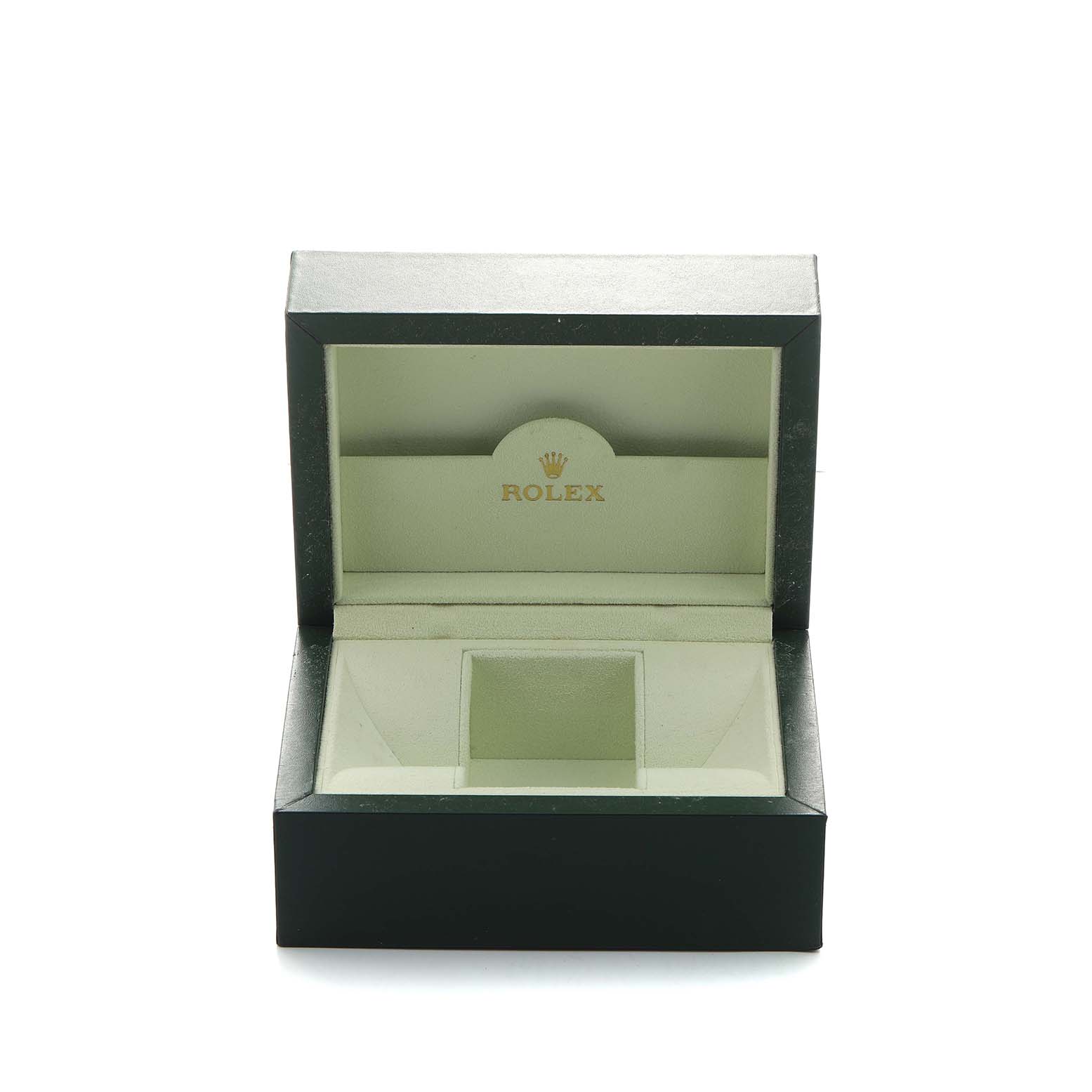 The image shows an open Rolex Turn-o-Graph 116264 Men's Stainless Steel White Dial watch box facing forward, displaying the brand logo inside.