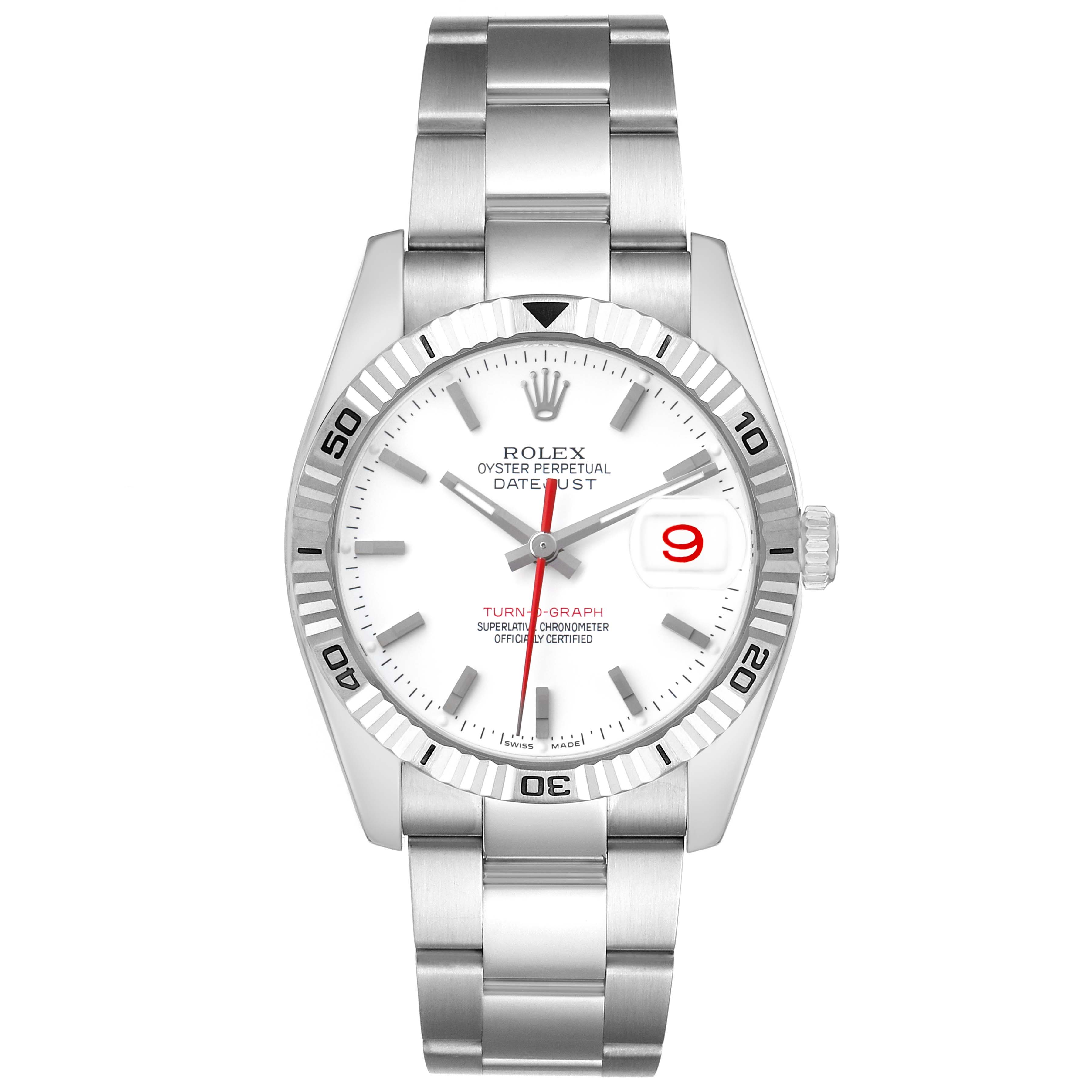 The image shows a front view of a Rolex Turn-o-Graph 116264 Men's Stainless Steel White Dial watch, highlighting the dial, bezel, and stainless steel bracelet.