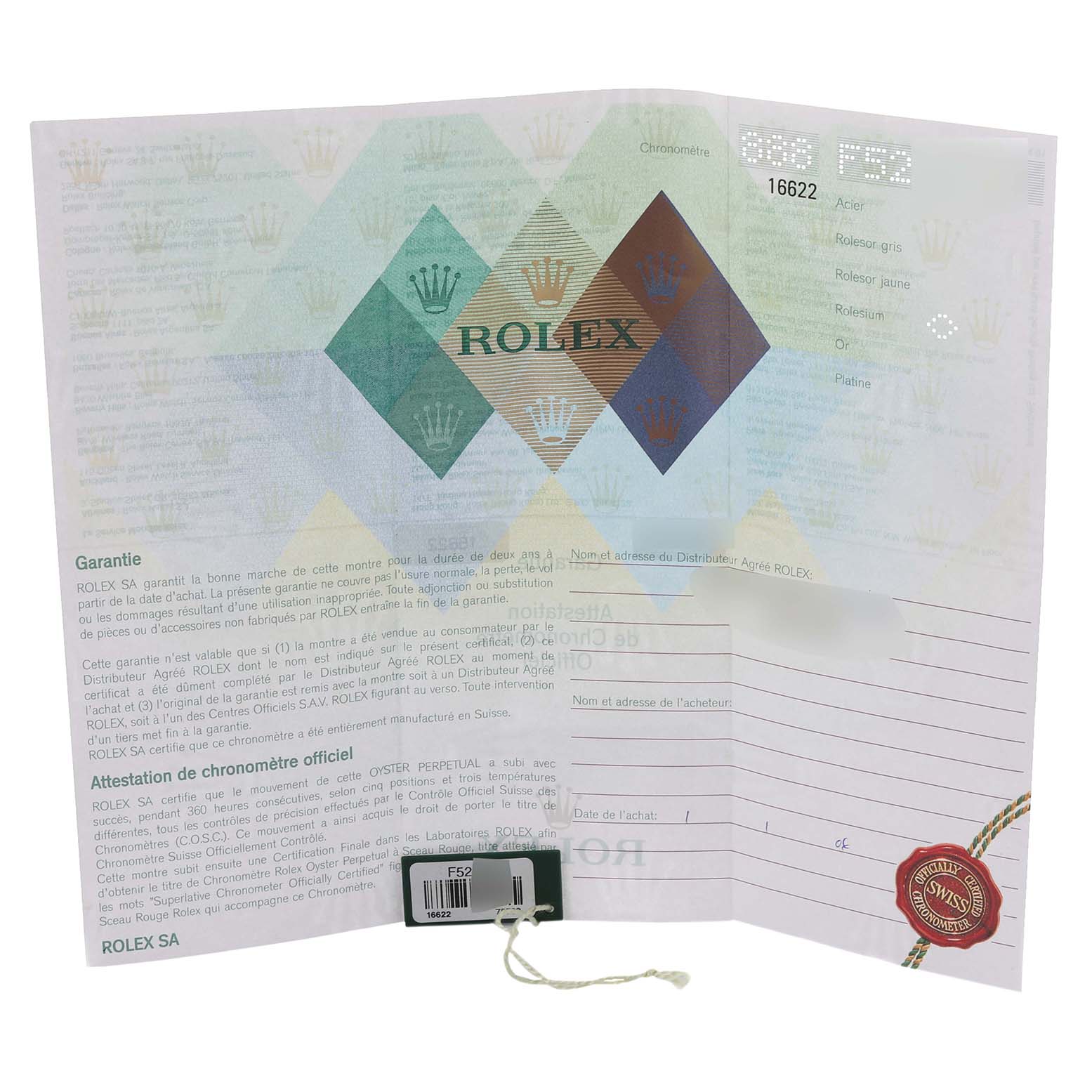 The image shows warranty papers for a Rolex Yacht-Master 16622 Men
s Stainless Steel Silver Dial 16622 Men
s Stainless Steel Silver Dial watch, featuring the brand name and model details.