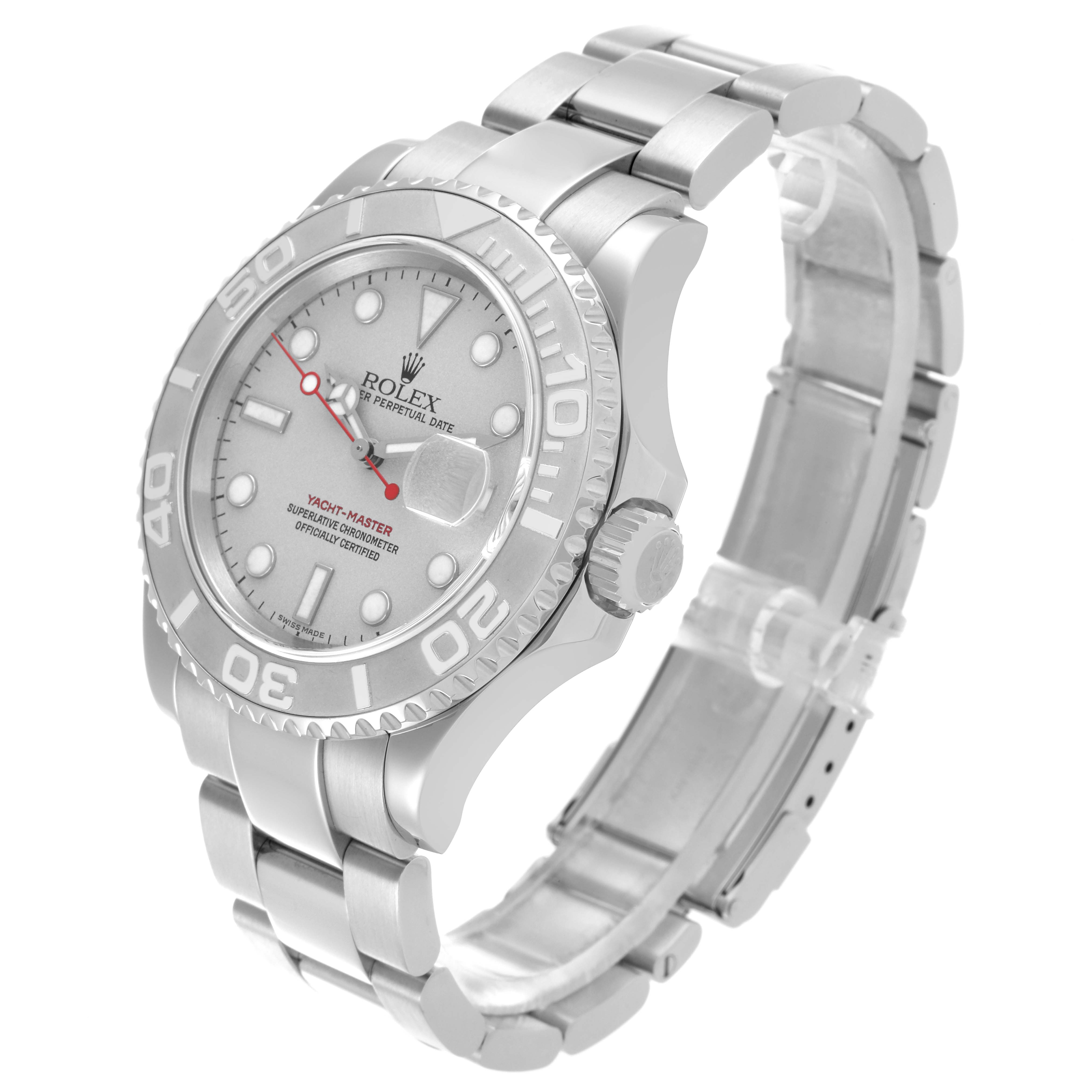 The Rolex Yacht-Master 16622 Men
s Stainless Steel Silver Dial 16622 Men
s Stainless Steel Silver Dial watch is shown at a three-quarter angle, highlighting the dial, bezel, and stainless steel bracelet.