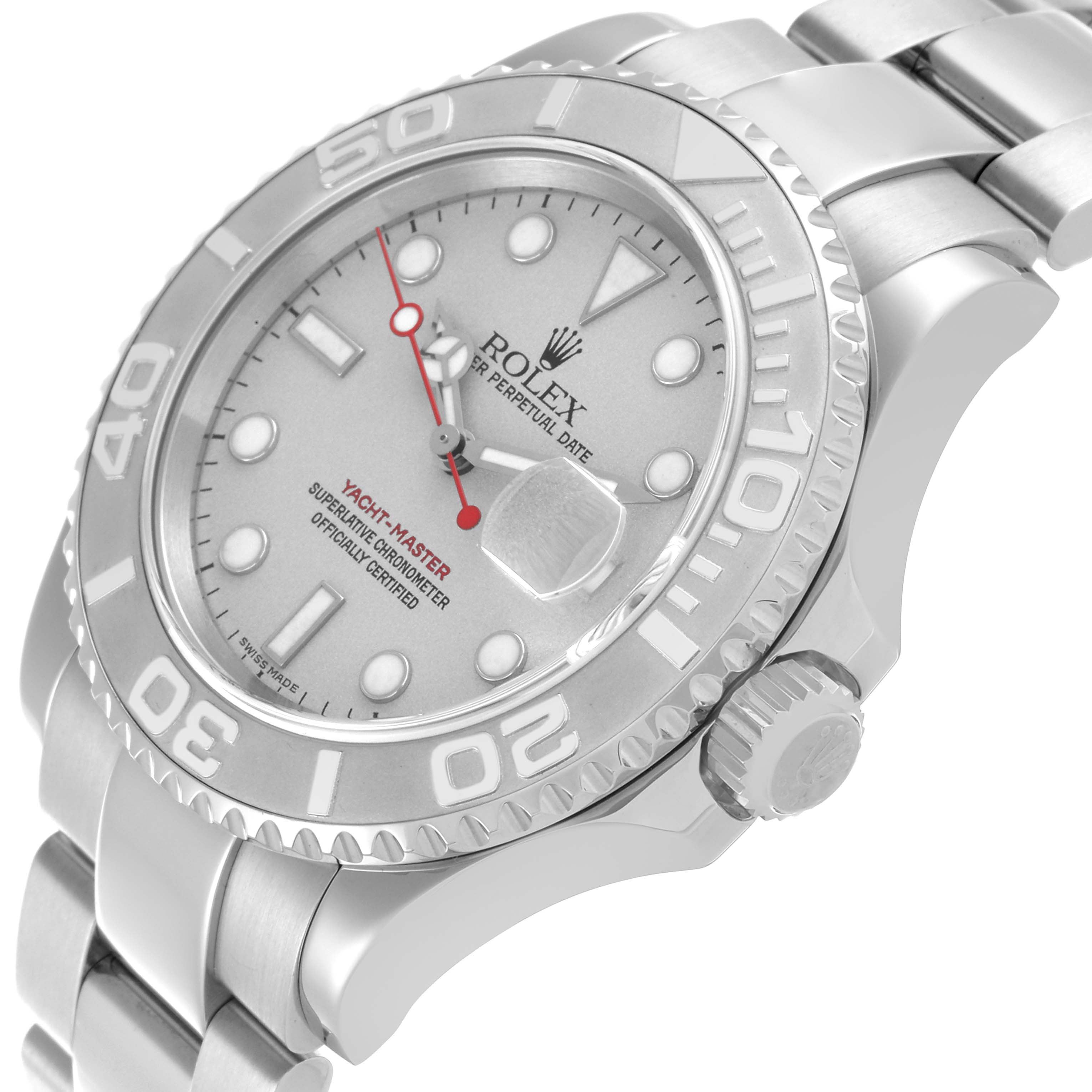 The Rolex Yacht-Master 16622 Men
s Stainless Steel Silver Dial 16622 Men
s Stainless Steel Silver Dial watch is shown at a slight angle, highlighting the bezel, crown, dial, and part of the bracelet.